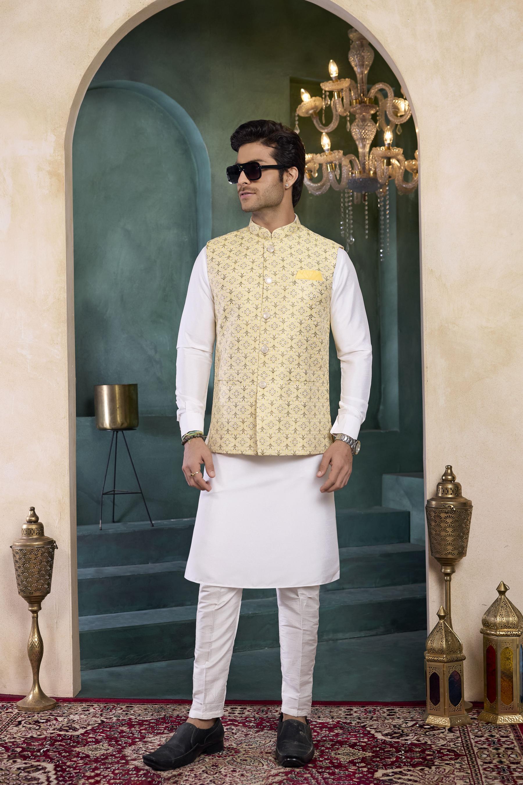 Off White Lime Yellow Banarasi Silk Kurta Pyjama