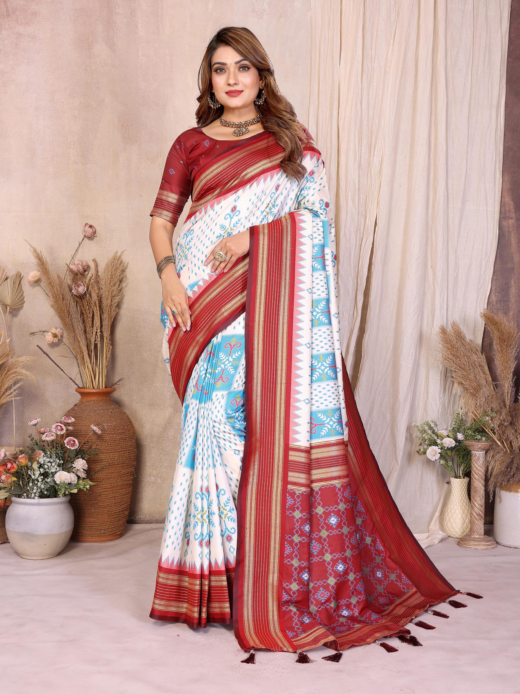 Off White Maroon Soft Silk Ikat Designer Saree