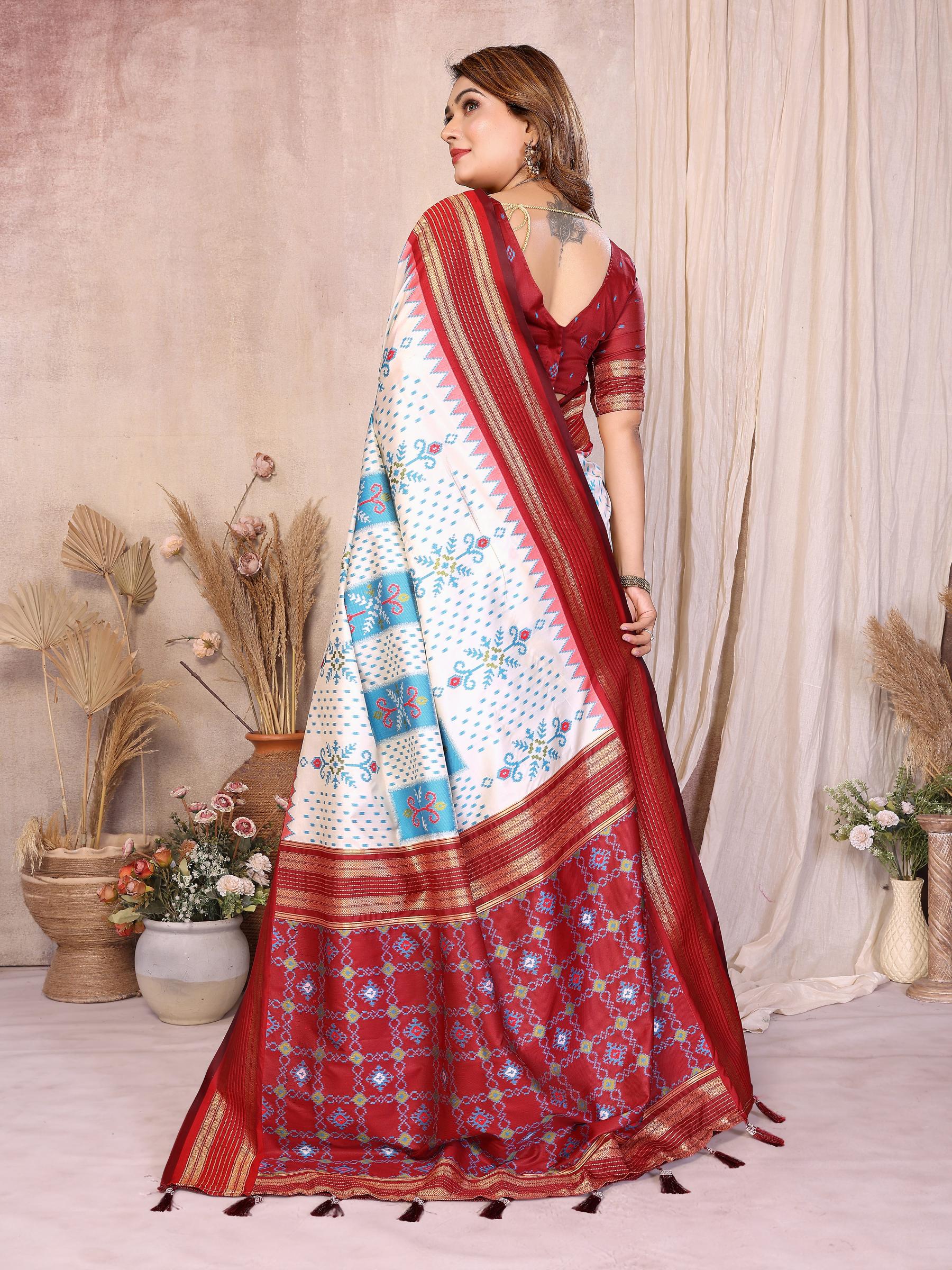 Off White Maroon Soft Silk Ikat Designer Saree — alternate view