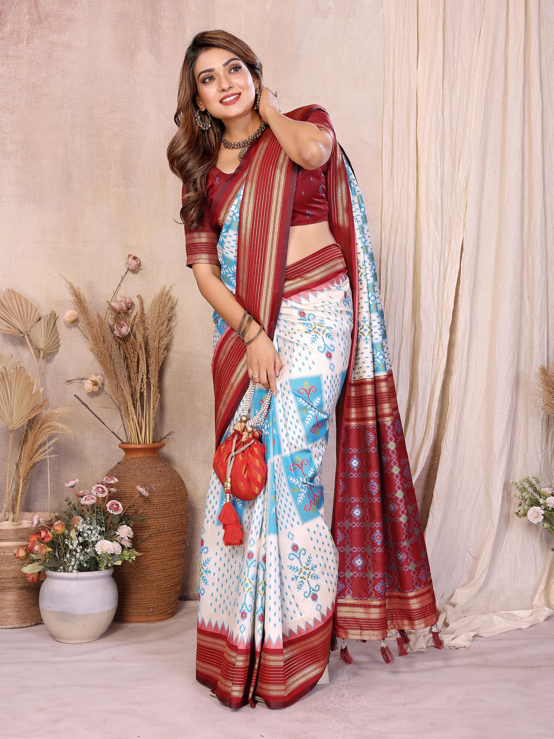 Off White Maroon Soft Silk Ikat Designer Saree