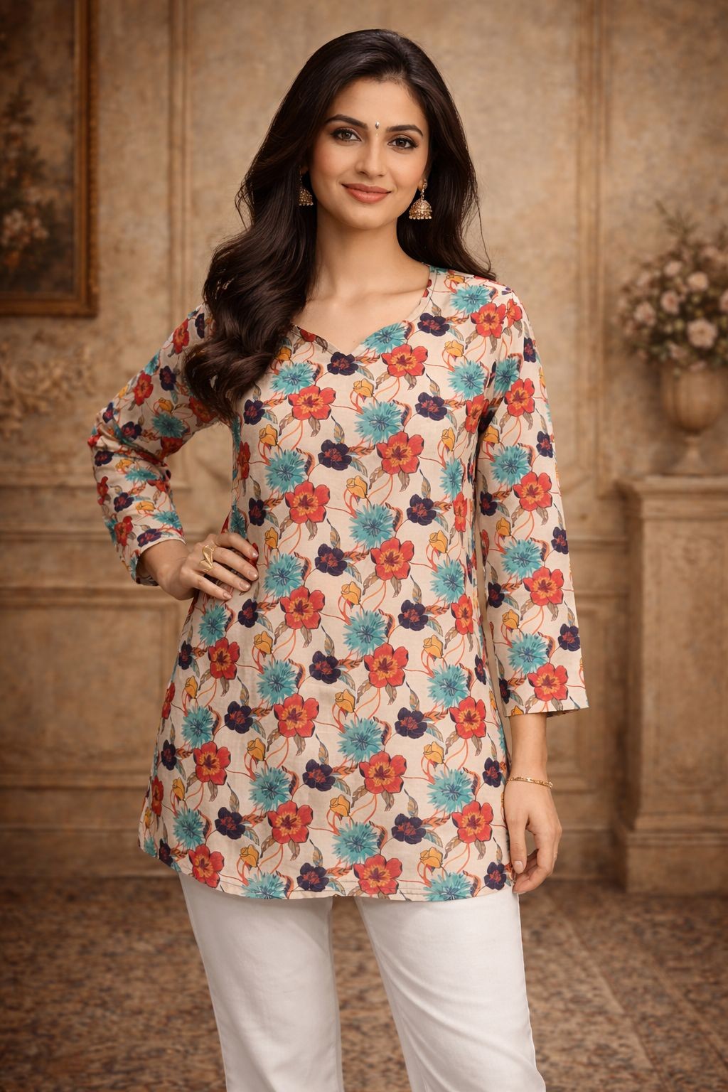 Off White Maslin Digital Printed Kurti
