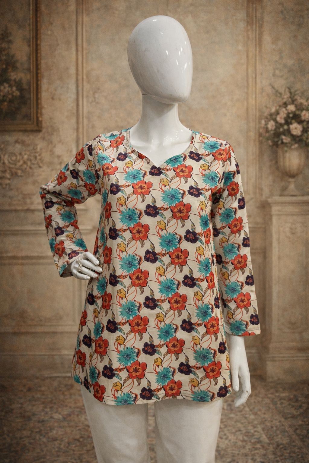 Off White Maslin Digital Printed Kurti