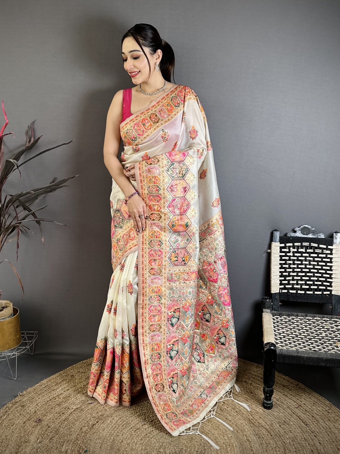 Off White Meenakari Pashmina Silk Saree