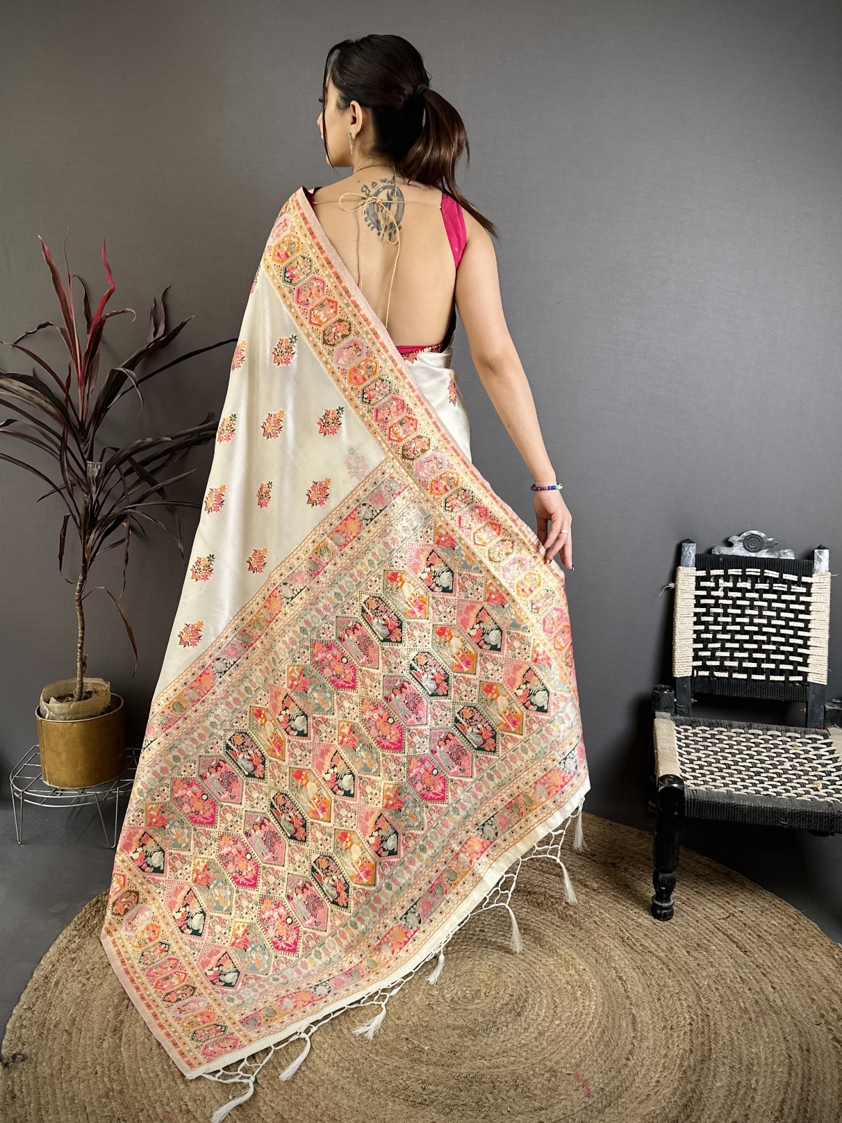 Off White Meenakari Pashmina Silk Saree — alternate view