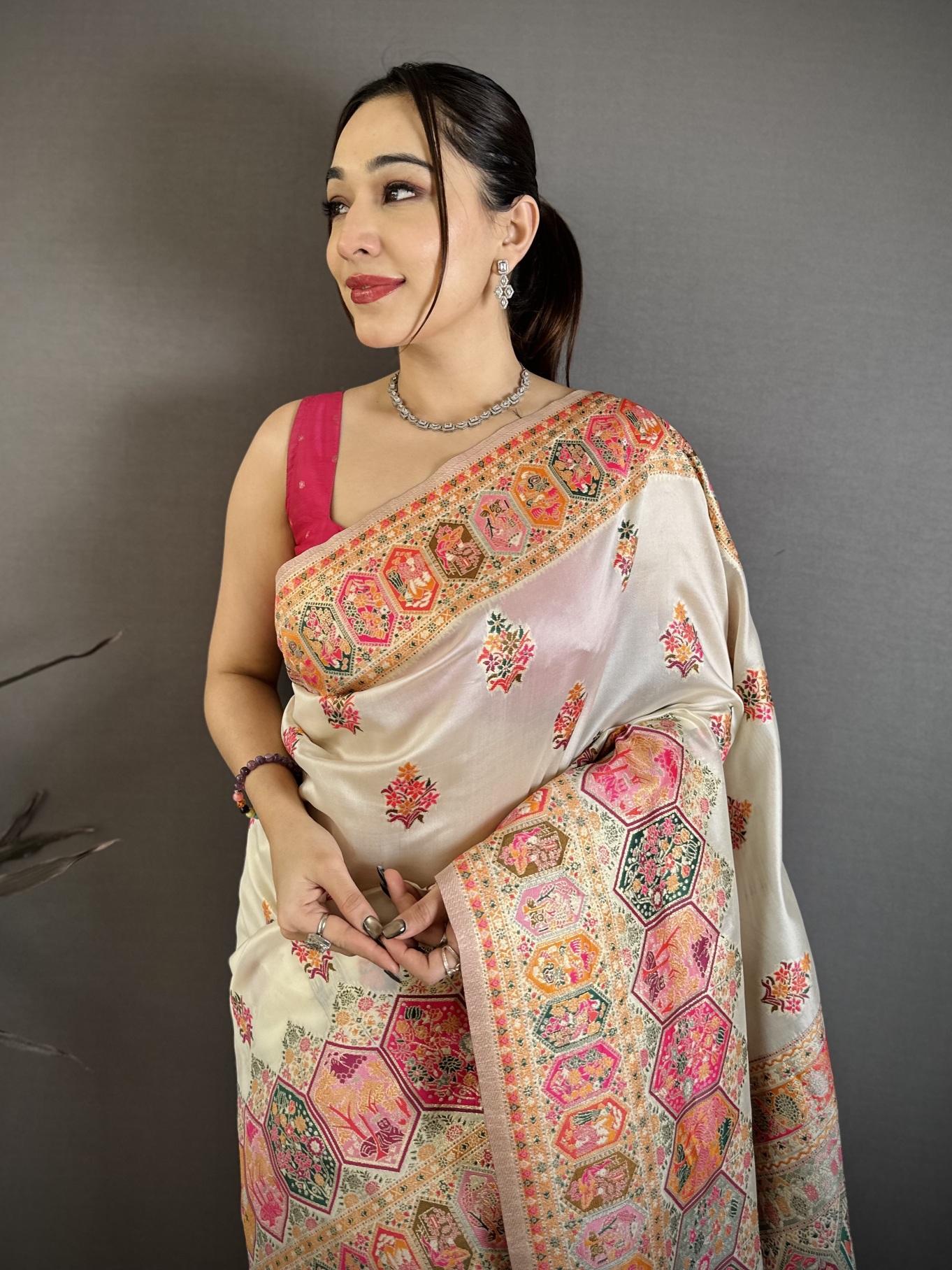 Off White Meenakari Pashmina Silk Saree