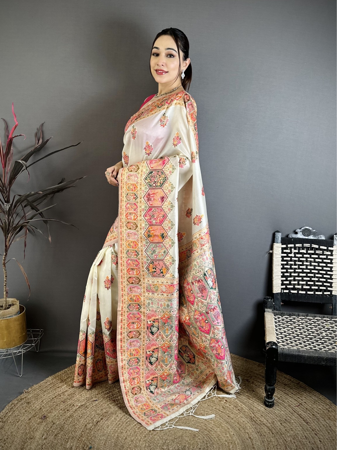 Off White Meenakari Pashmina Silk Saree