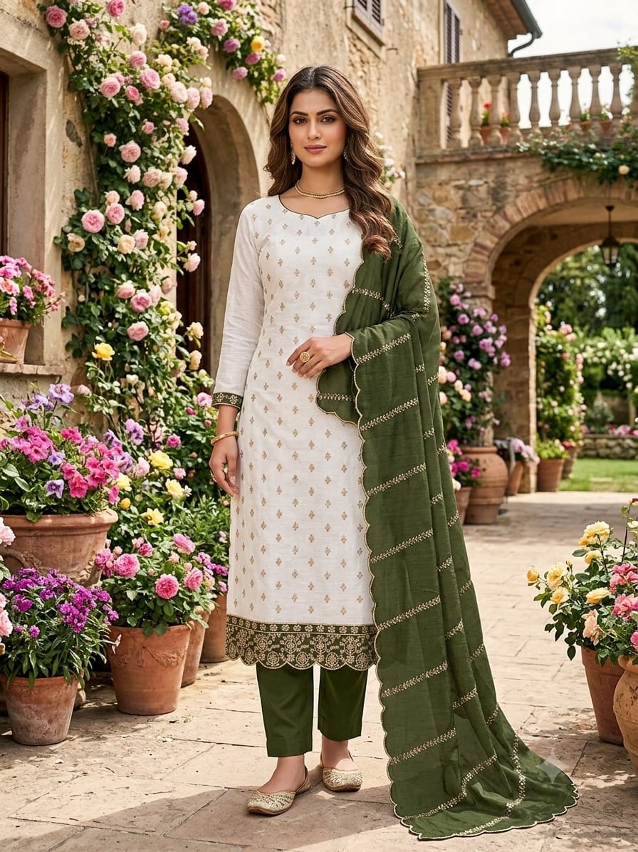 Off White Mehendi Floral Embroidered Vichitra Straight Suit