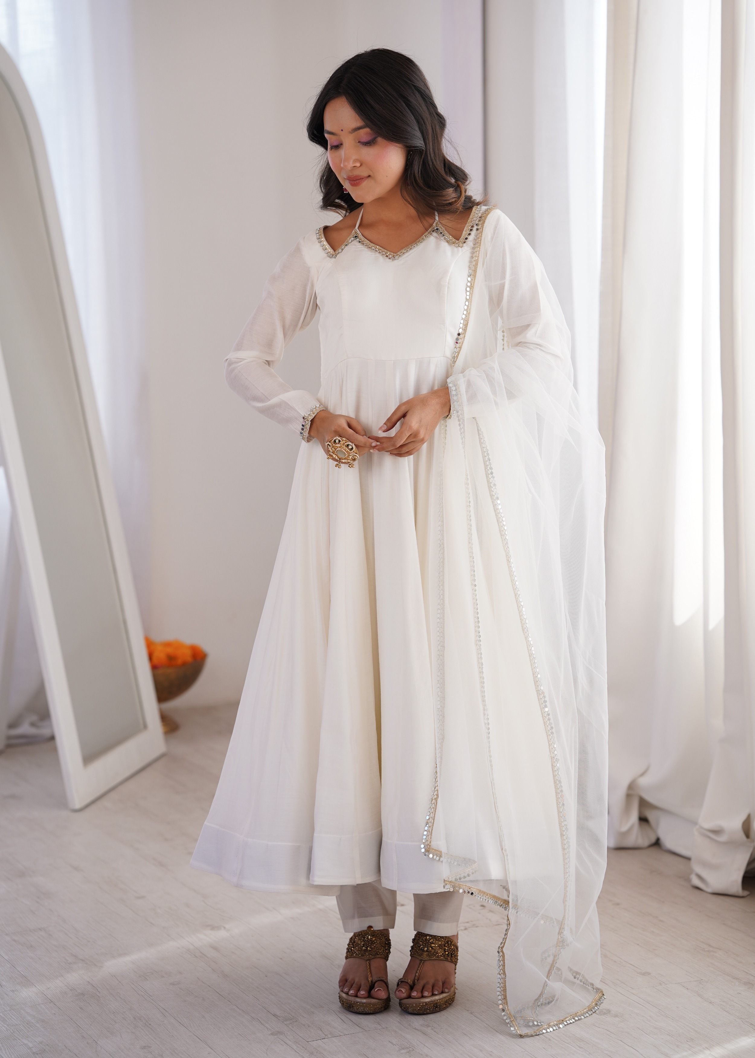 Off White Mirror Work Roman Silk Anarkali Suit