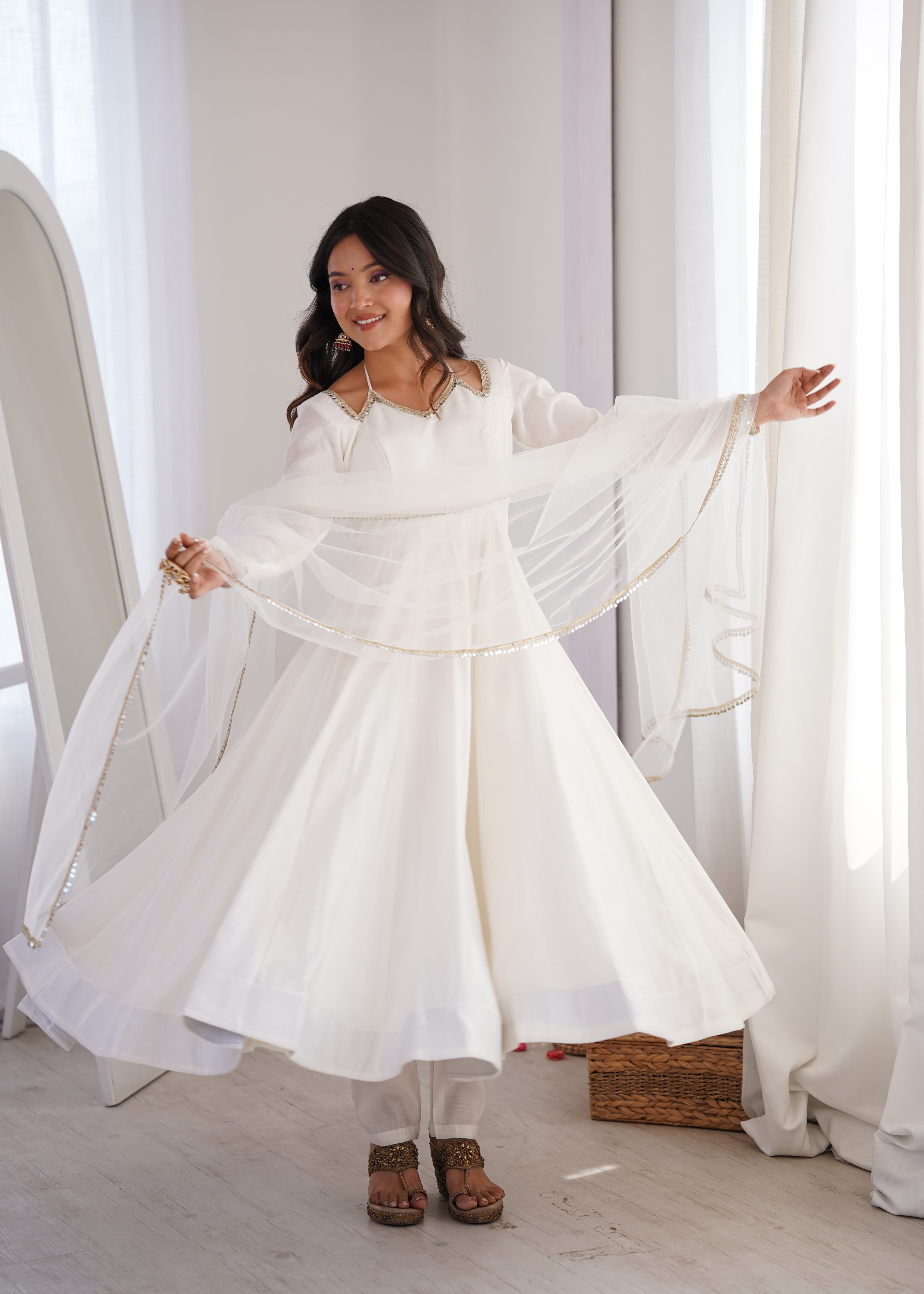 Off White Mirror Work Roman Silk Anarkali Suit