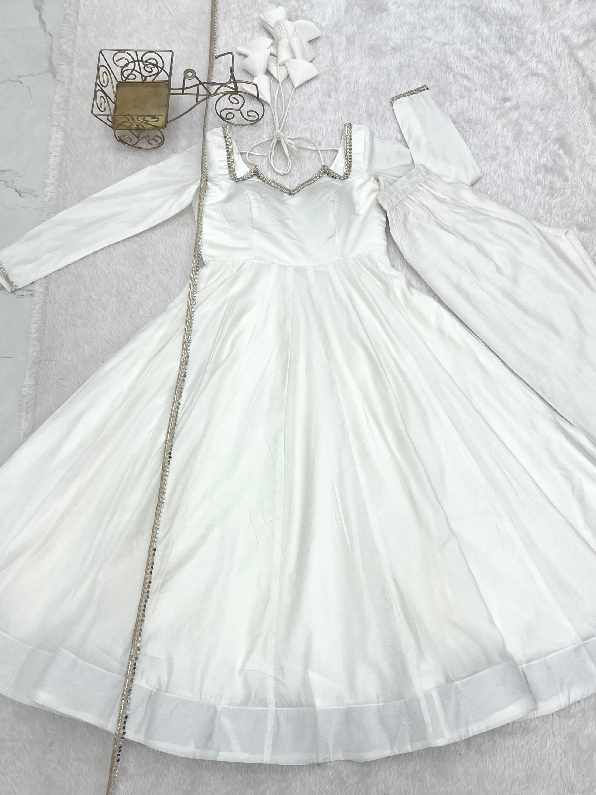 Off White Mirror Work Roman Silk Anarkali Suit