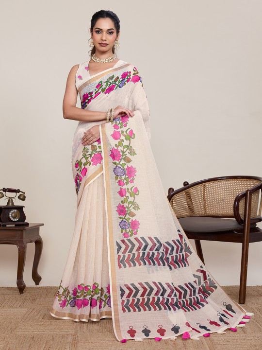 Off White Multi Linen Silk Printed Saree