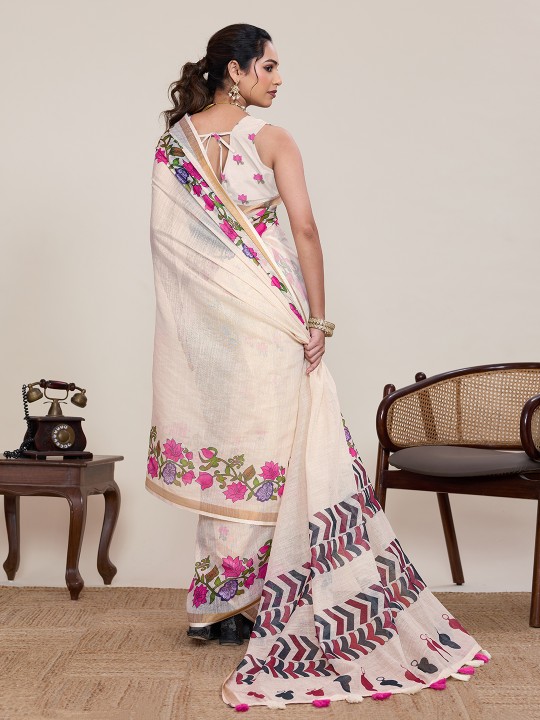 Off White Multi Linen Silk Printed Saree — alternate view