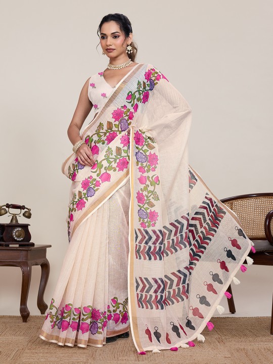 Off White Multi Linen Silk Printed Saree