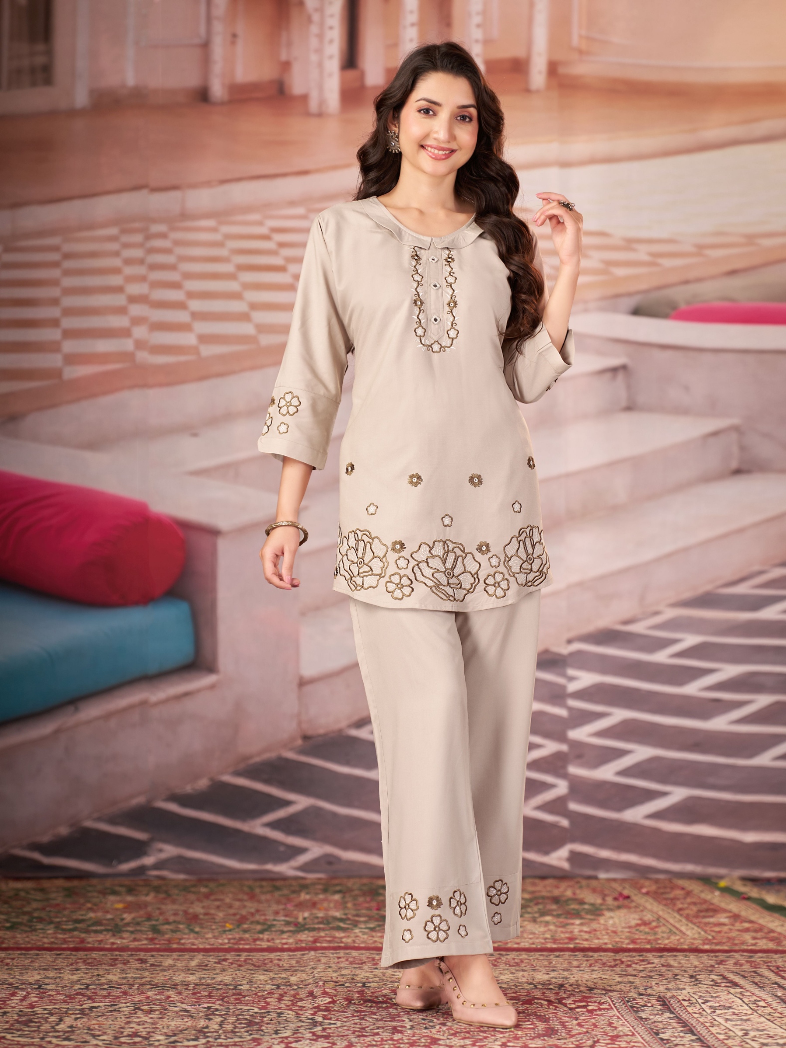 Off White Multi-Thread Embroidery Rayon Co-Ord Set