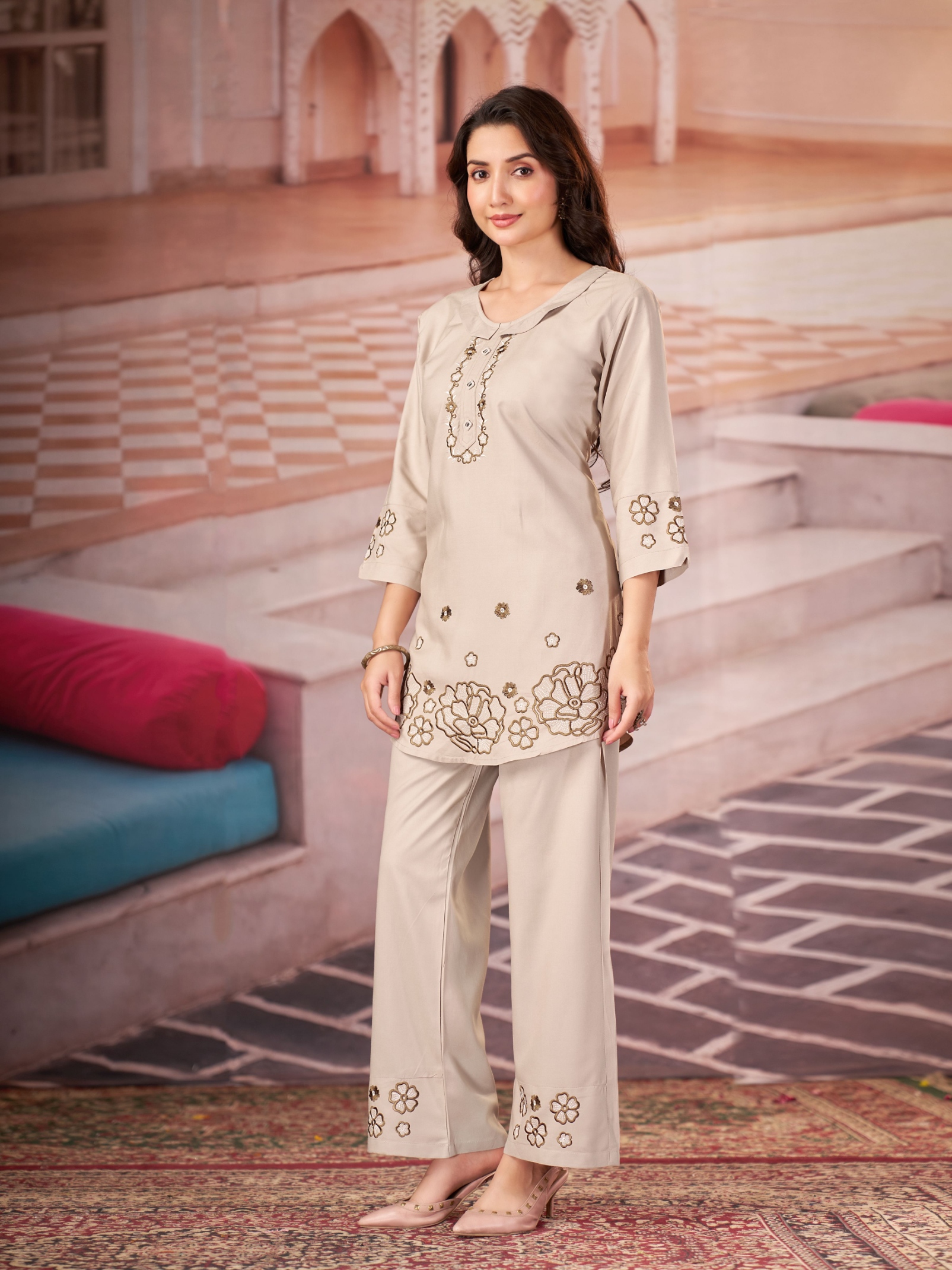 Off White Multi-Thread Embroidery Rayon Co-Ord Set — alternate view