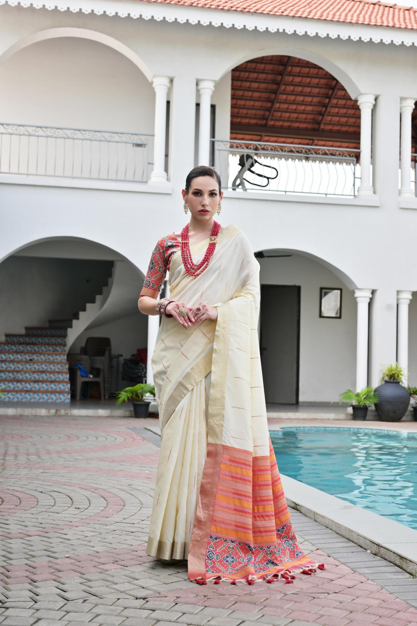 Off White Multy Khadi Raw Silk Saree