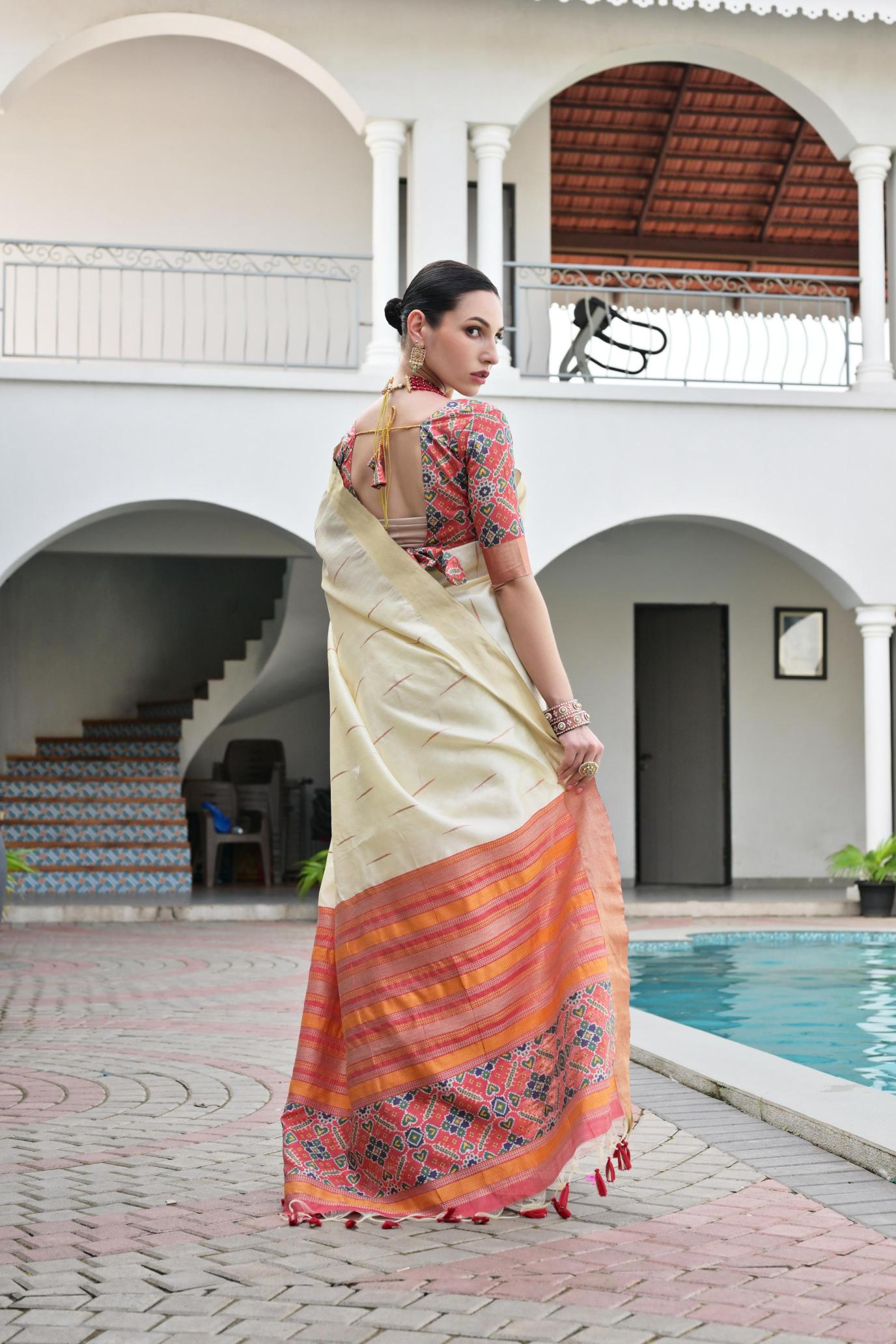 Off White Multy Khadi Raw Silk Saree — alternate view