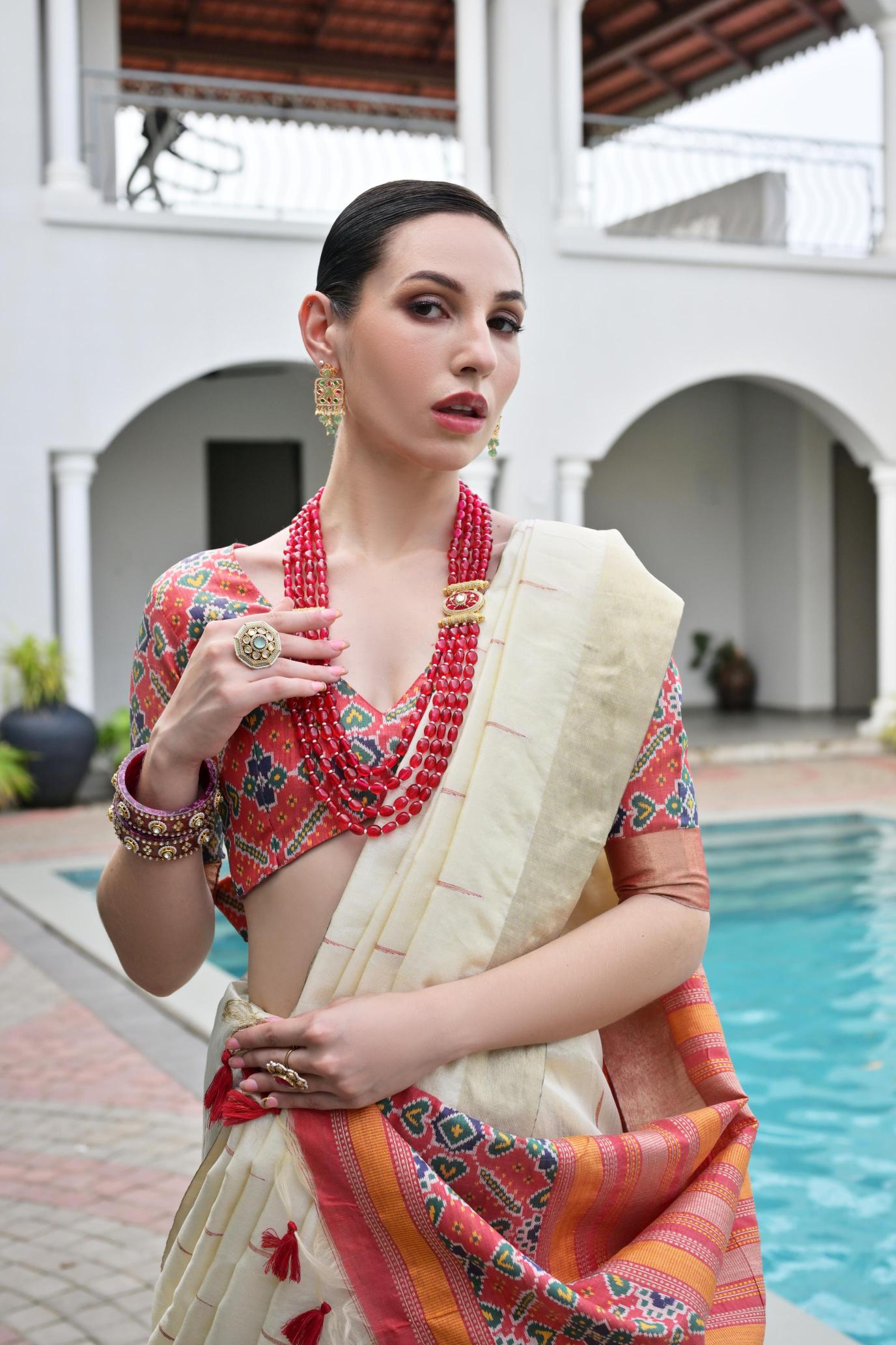 Off White Multy Khadi Raw Silk Saree