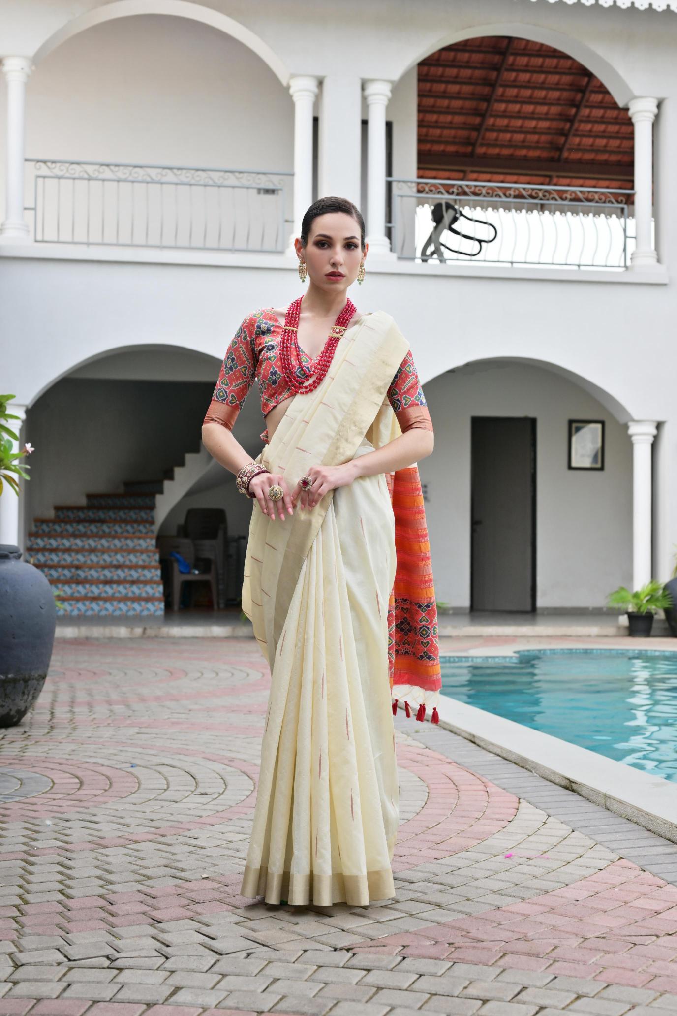 Off White Multy Khadi Raw Silk Saree