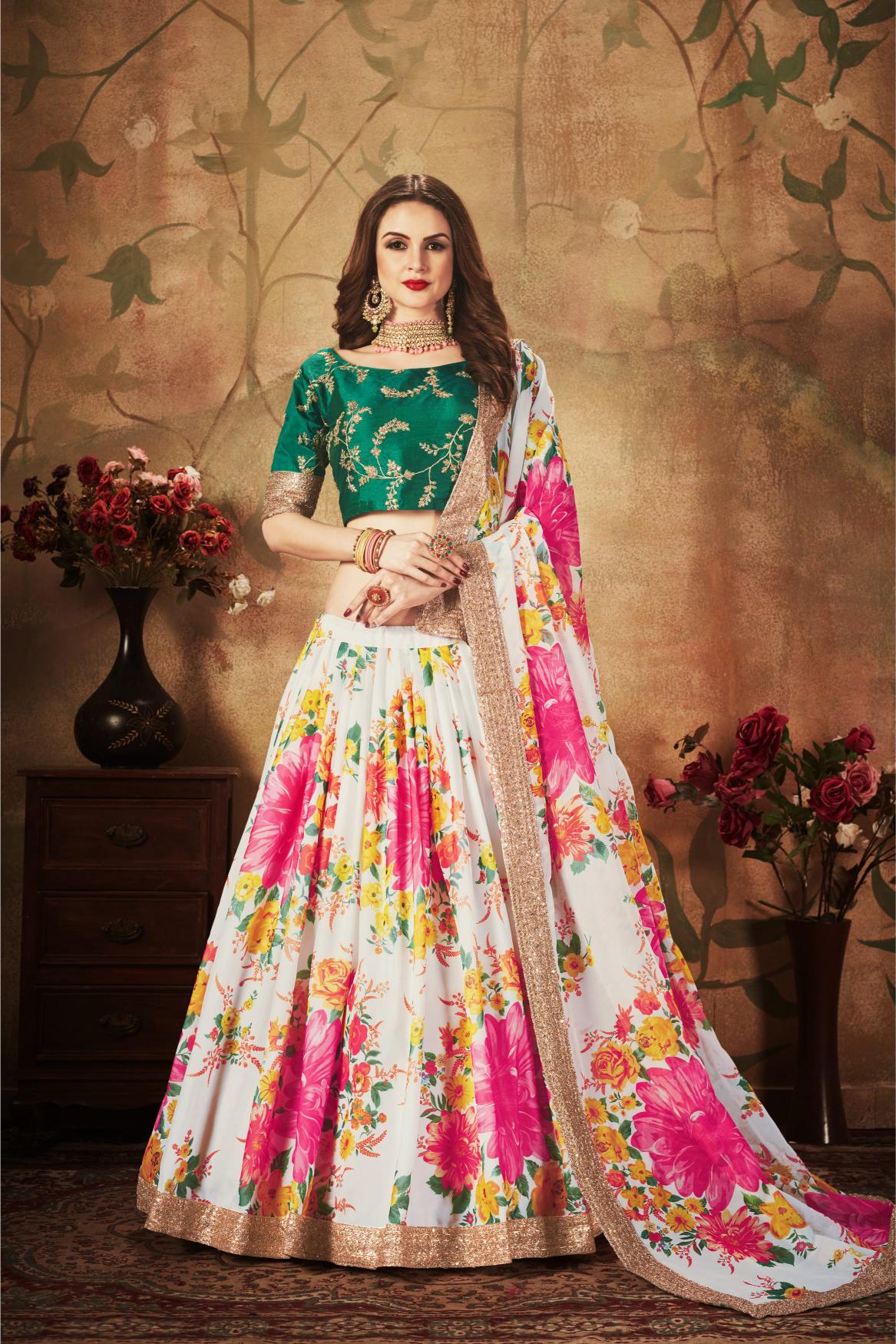 Off-White N Green Organza Lehenga Choli