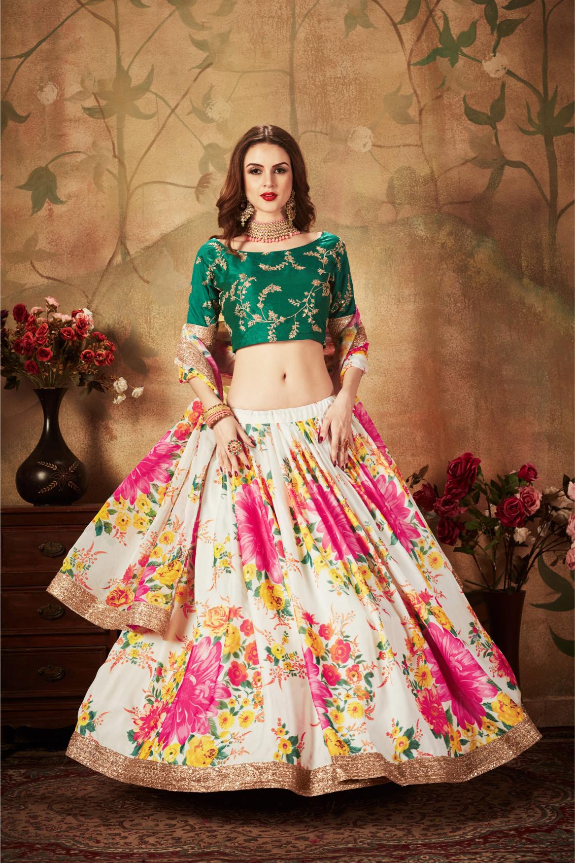Off-White N Green Organza Lehenga Choli