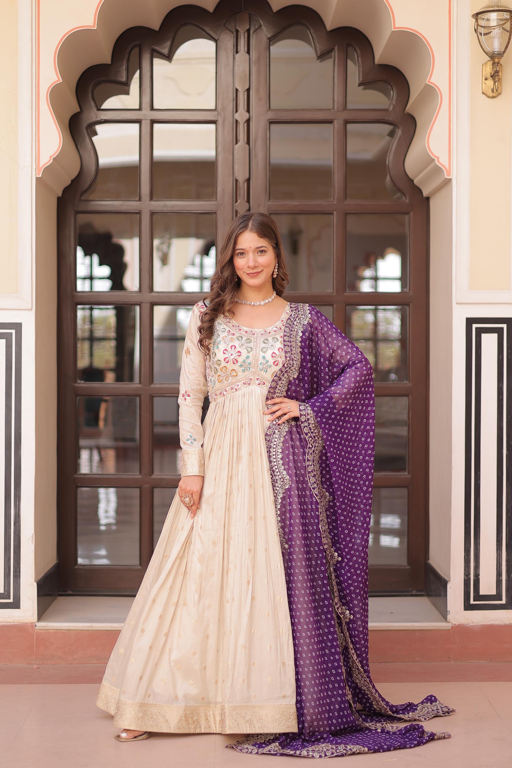Off White N Purple Cosmos Jacquard Gown