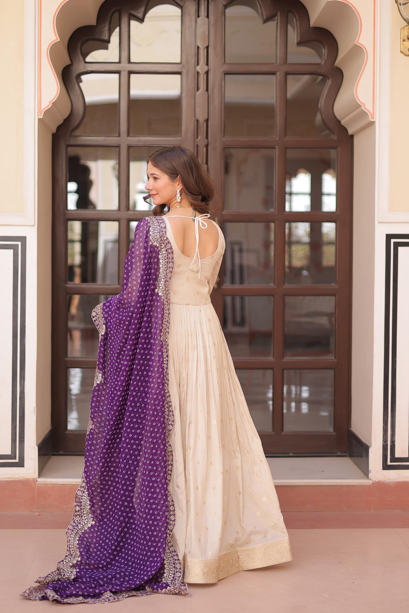 Off White N Purple Cosmos Jacquard Gown