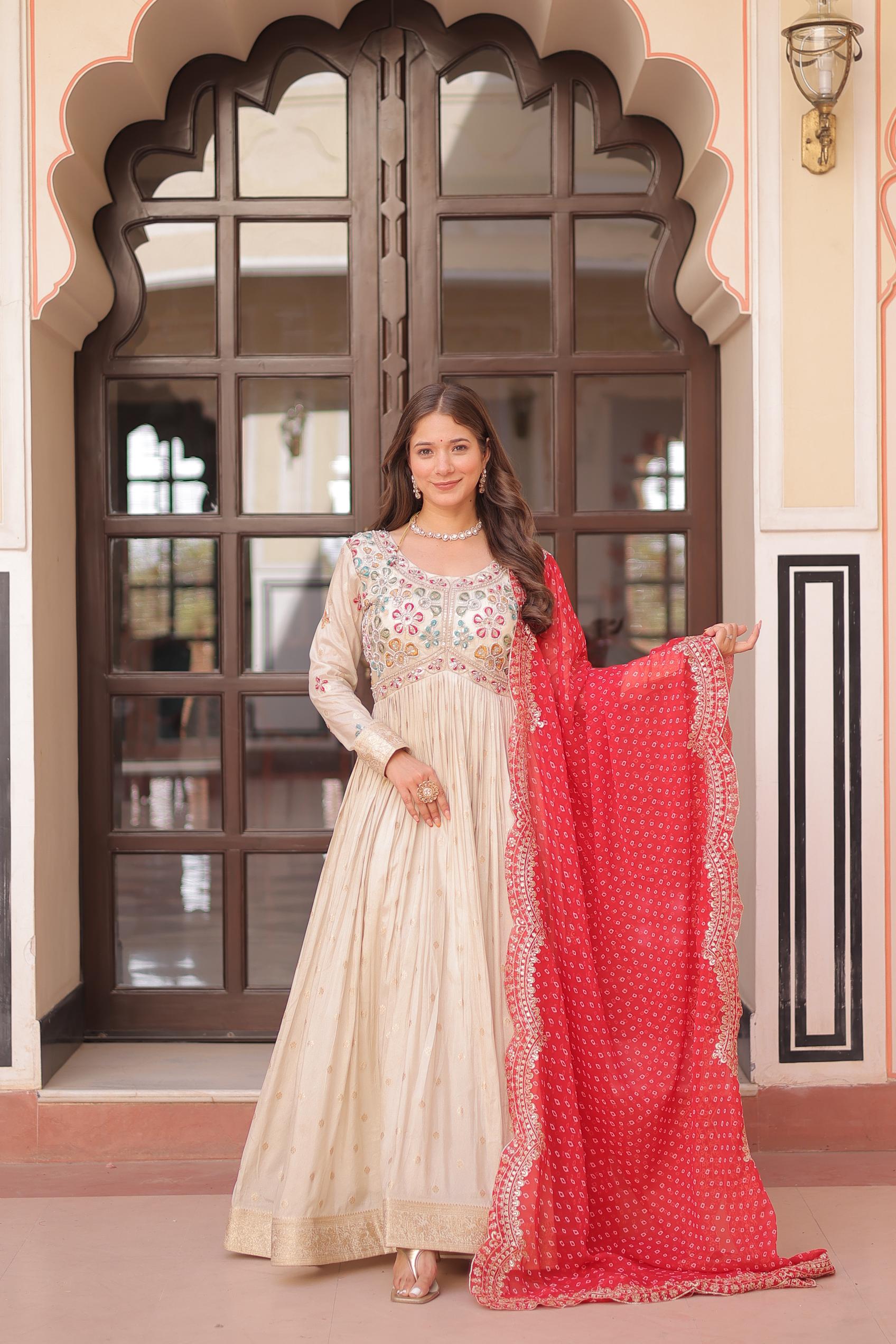 Off White N Red Cosmos Jacquard Gown