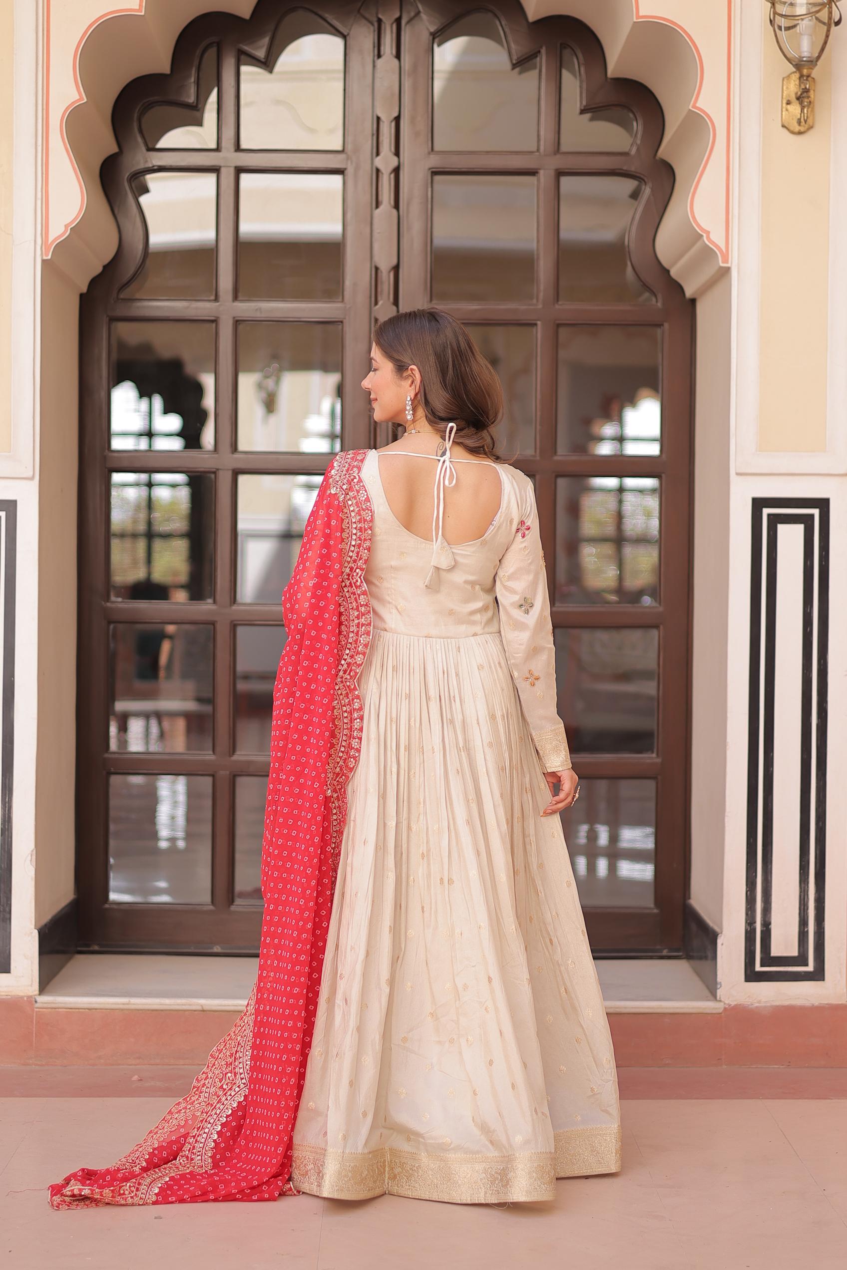 Off White N Red Cosmos Jacquard Gown — alternate view
