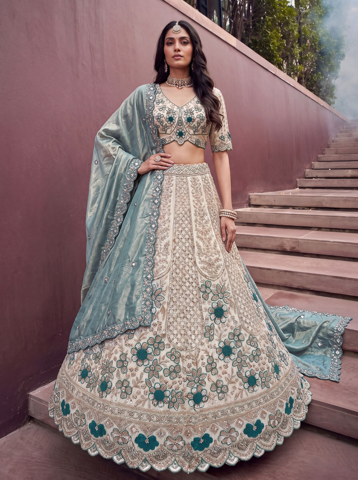 Off White Ocean Floral Silk Bridal Lehenga