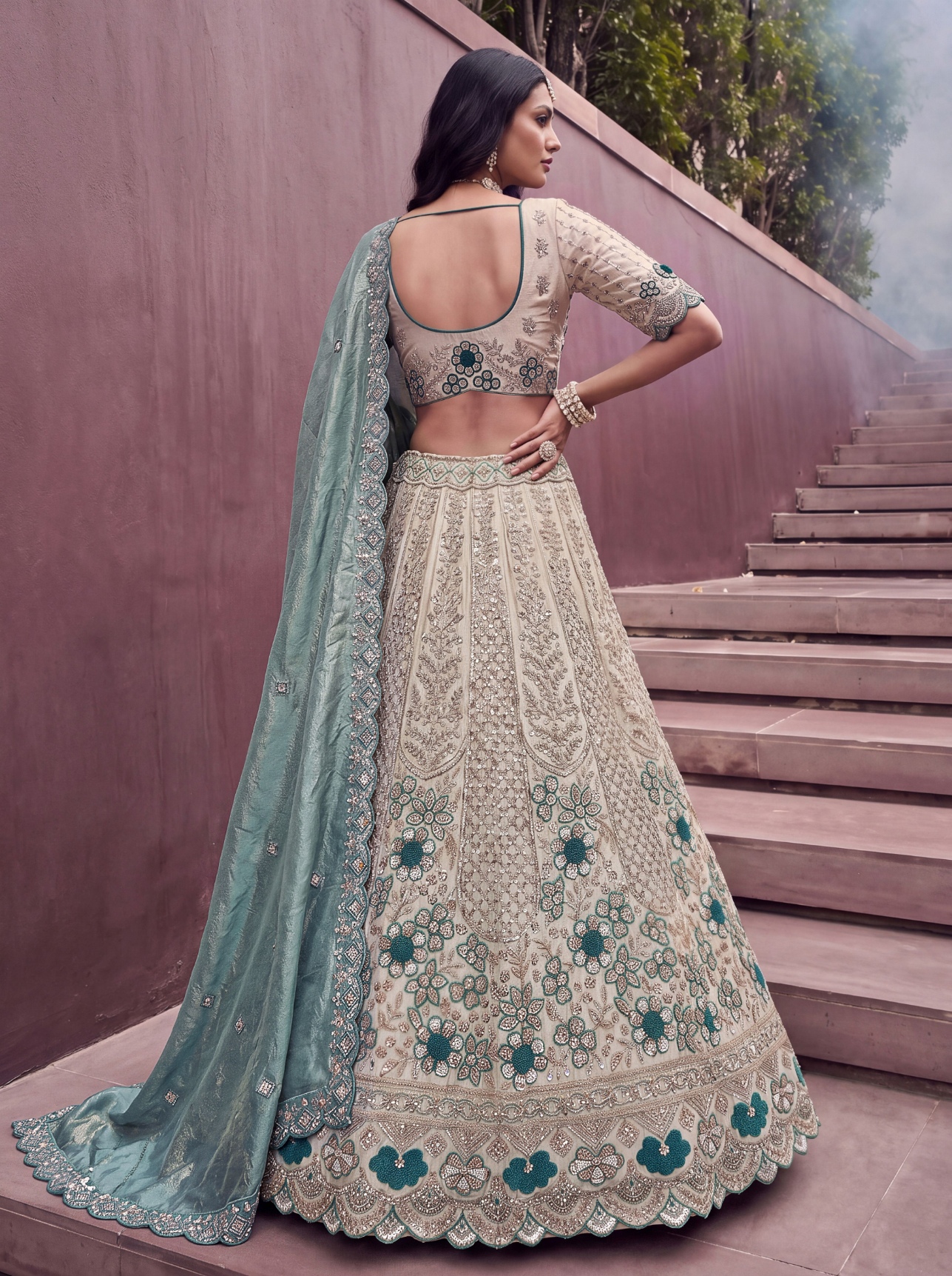 Off White Ocean Floral Silk Bridal Lehenga — alternate view