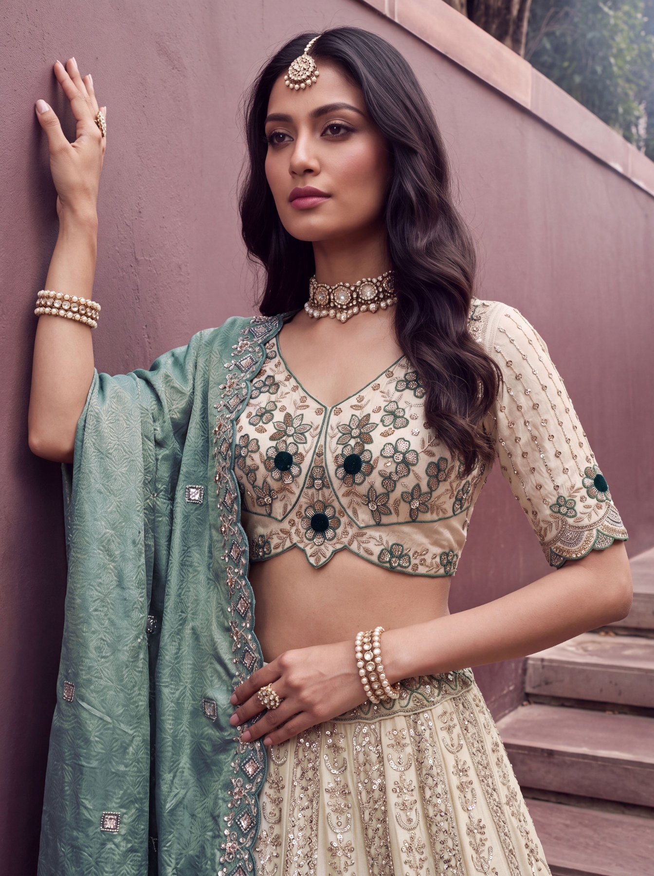 Off White Ocean Floral Silk Bridal Lehenga