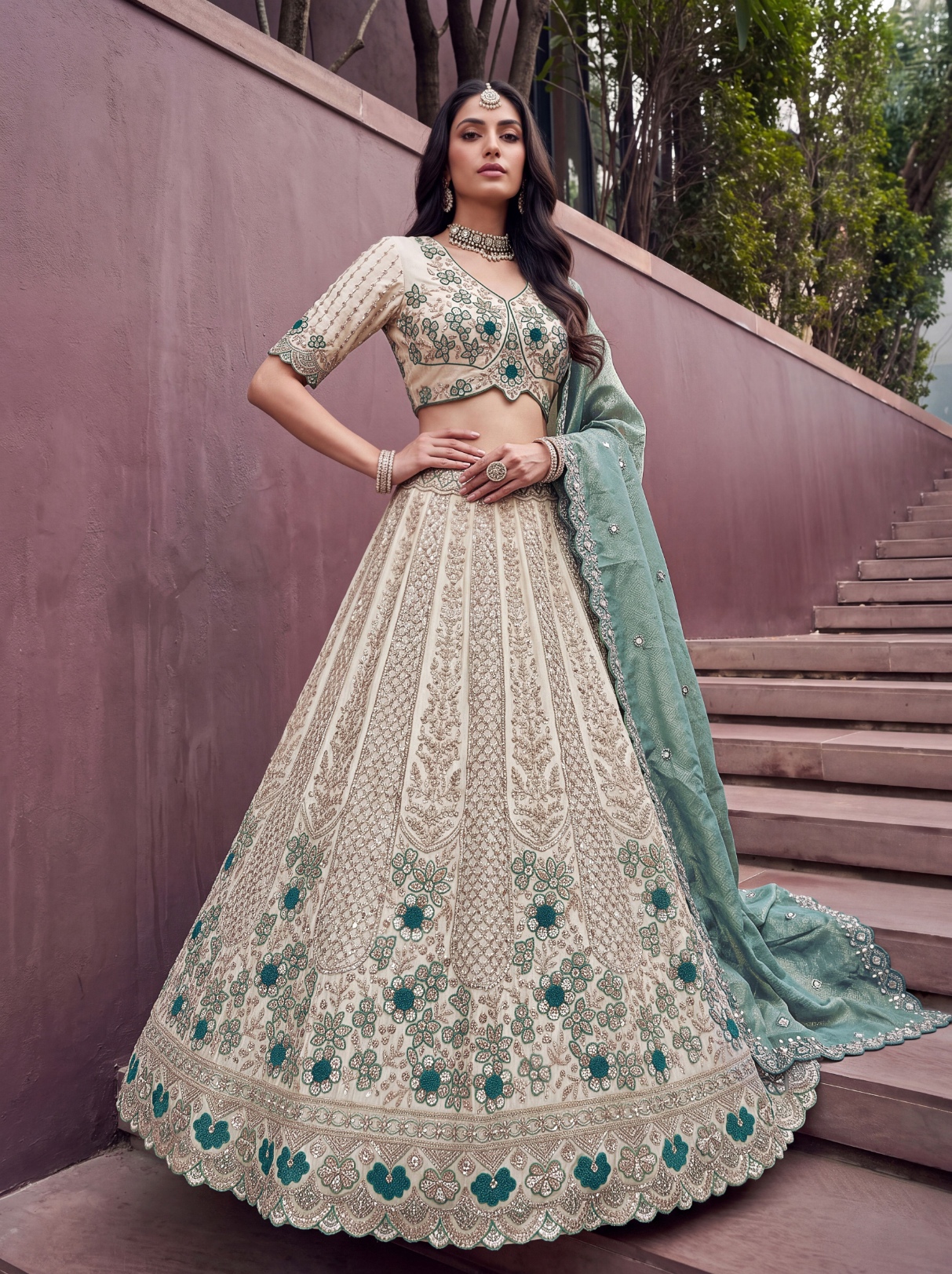 Off White Ocean Floral Silk Bridal Lehenga