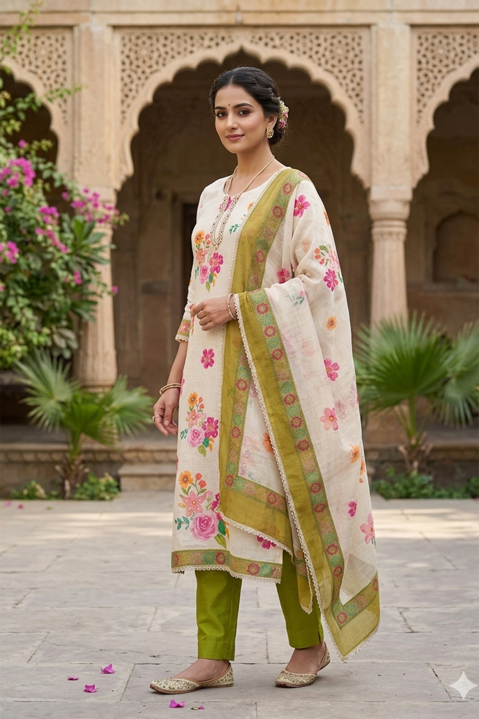 Off White Olive Floral Digital Printed Linen Cotton Salwar Suit