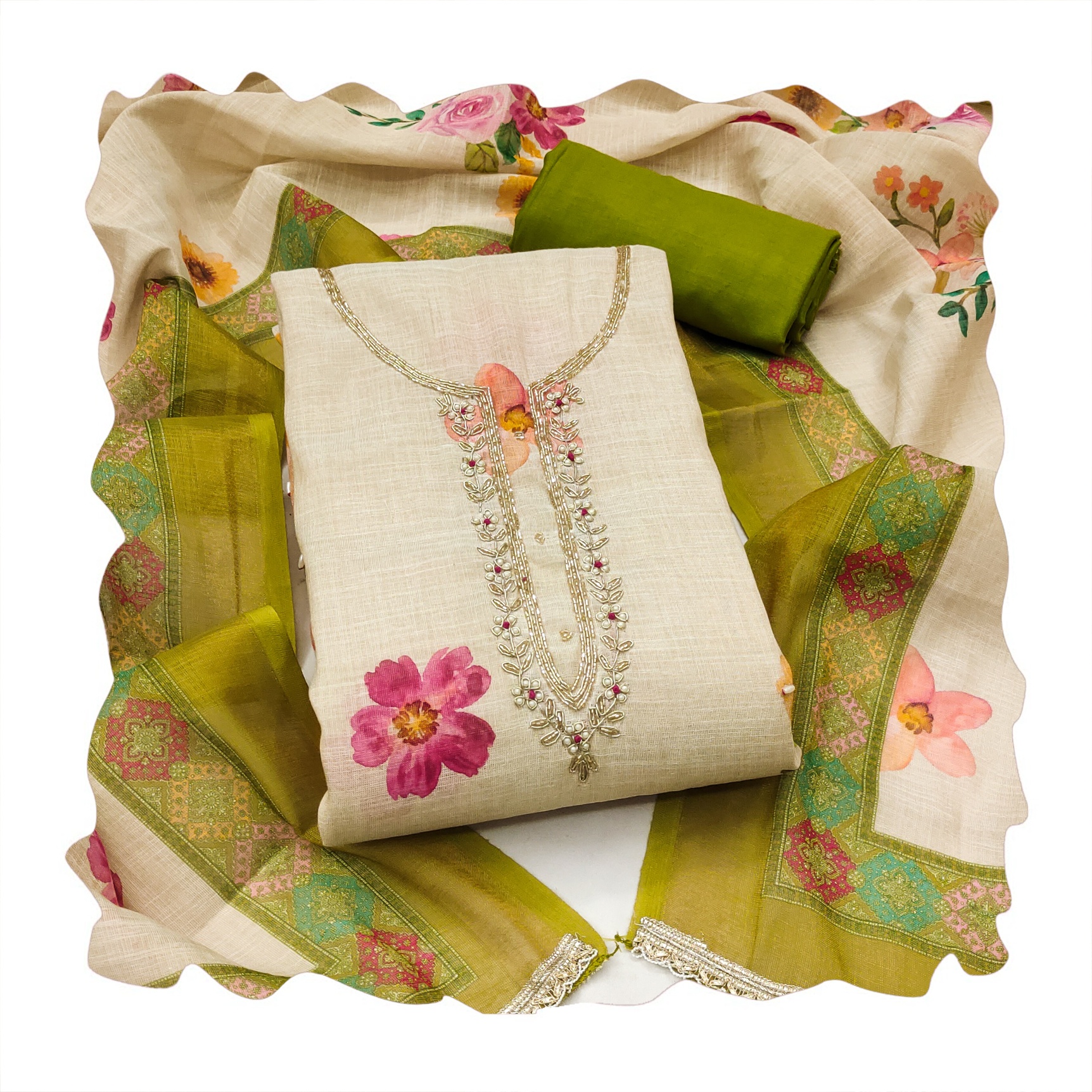 Off White Olive Floral Digital Printed Linen Cotton Salwar Suit — alternate view