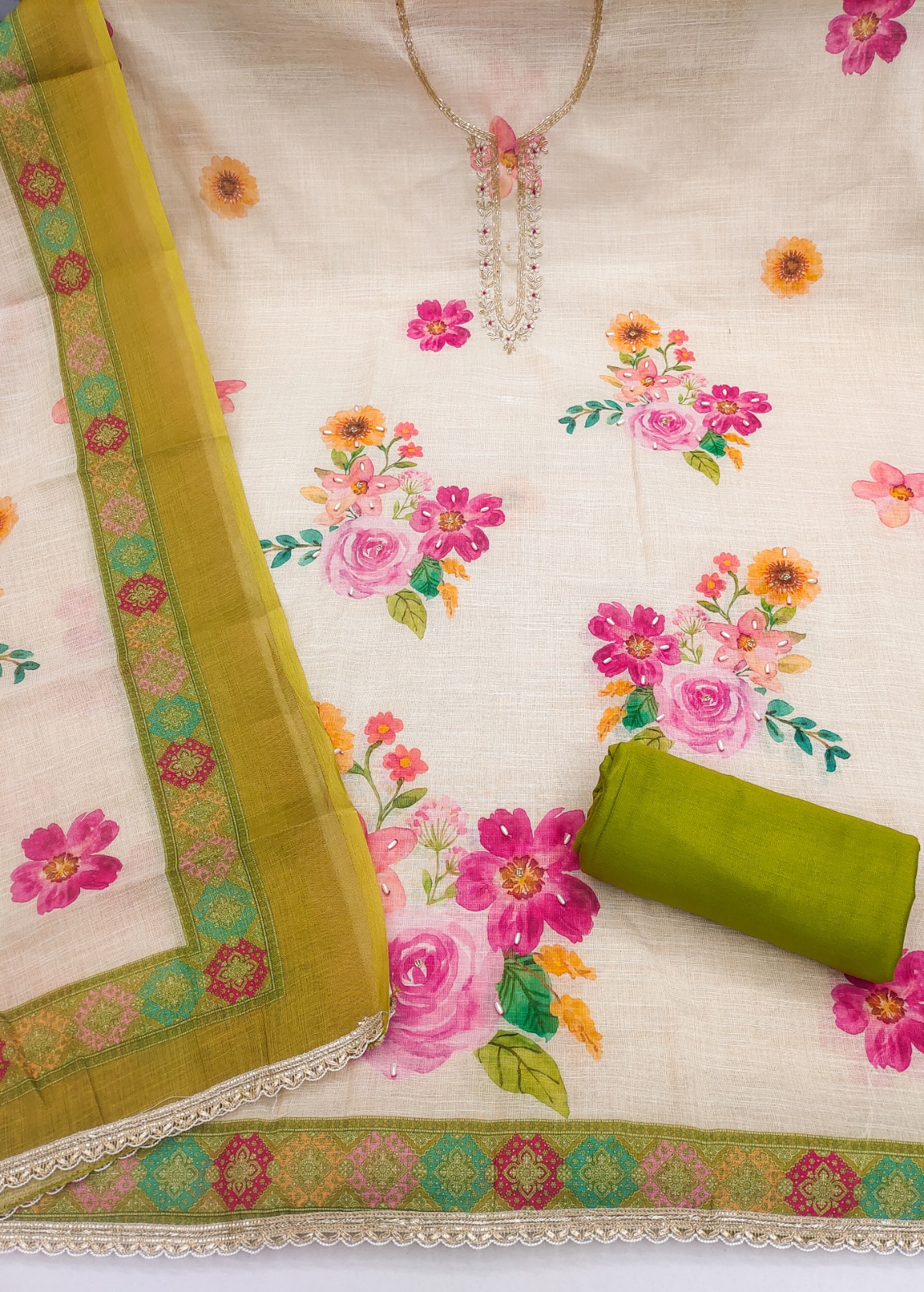 Off White Olive Floral Digital Printed Linen Cotton Salwar Suit