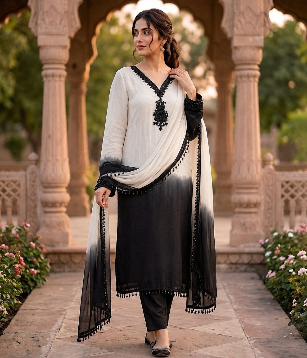 Off White Ombre Beads Crepe Silk Straight Suit