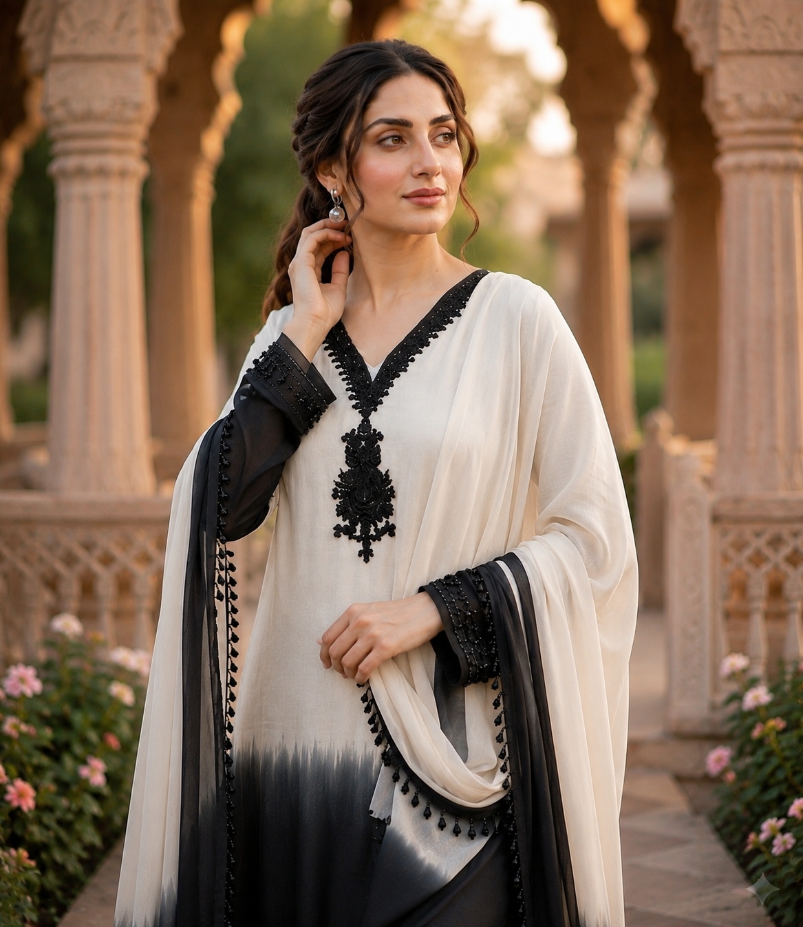 Off White Ombre Beads Crepe Silk Straight Suit