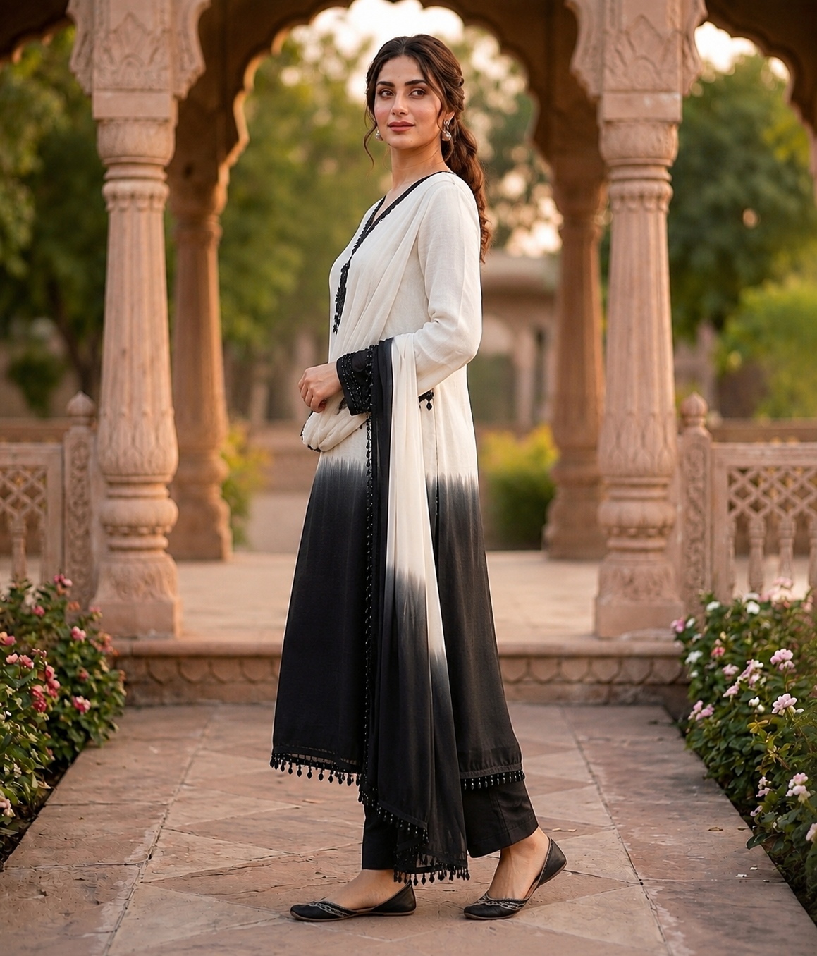 Off White Ombre Beads Crepe Silk Straight Suit