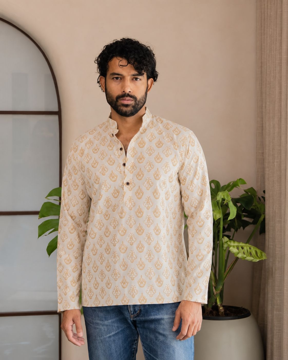 Off White Ornamental Printed Swiss Linen Short Kurta