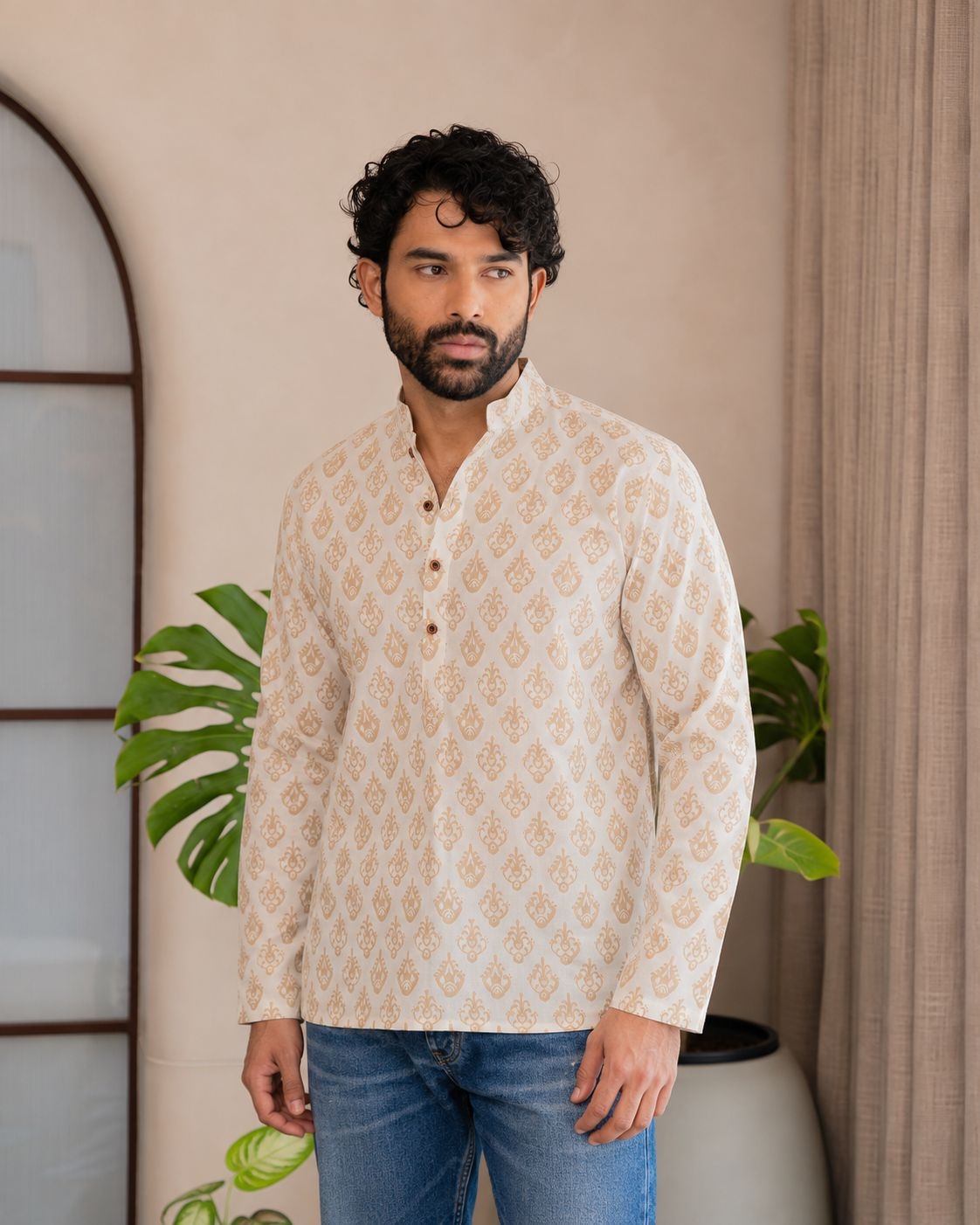 Off White Ornamental Printed Swiss Linen Short Kurta