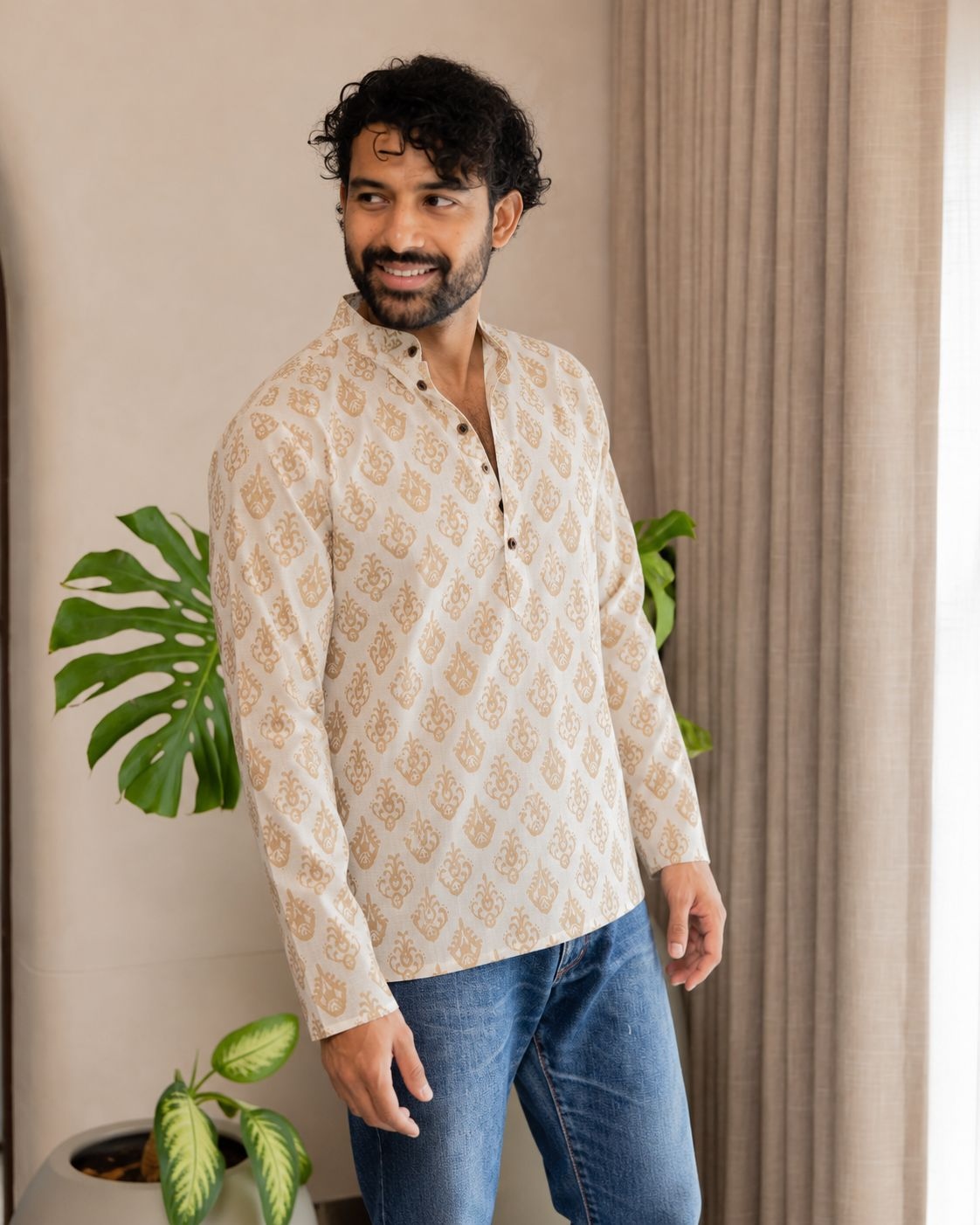 Off White Ornamental Printed Swiss Linen Short Kurta
