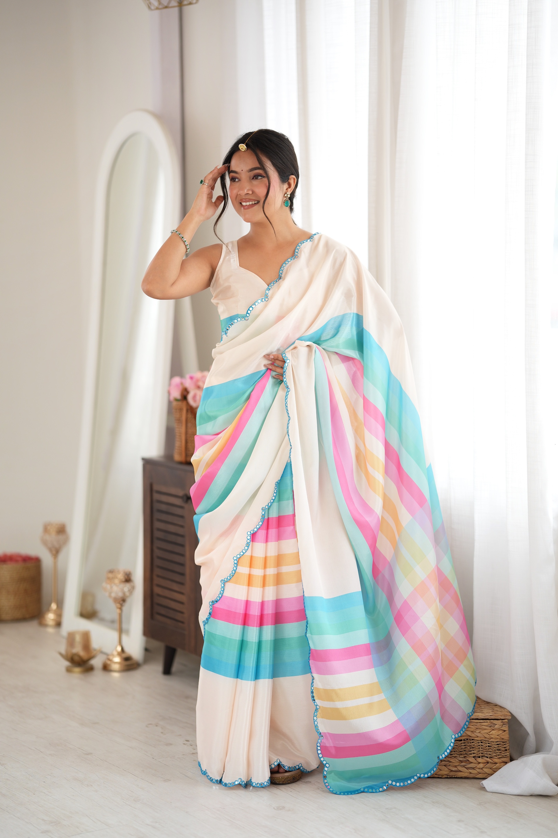 Off White Oversized Check Print Mirror Work Chinon Saree