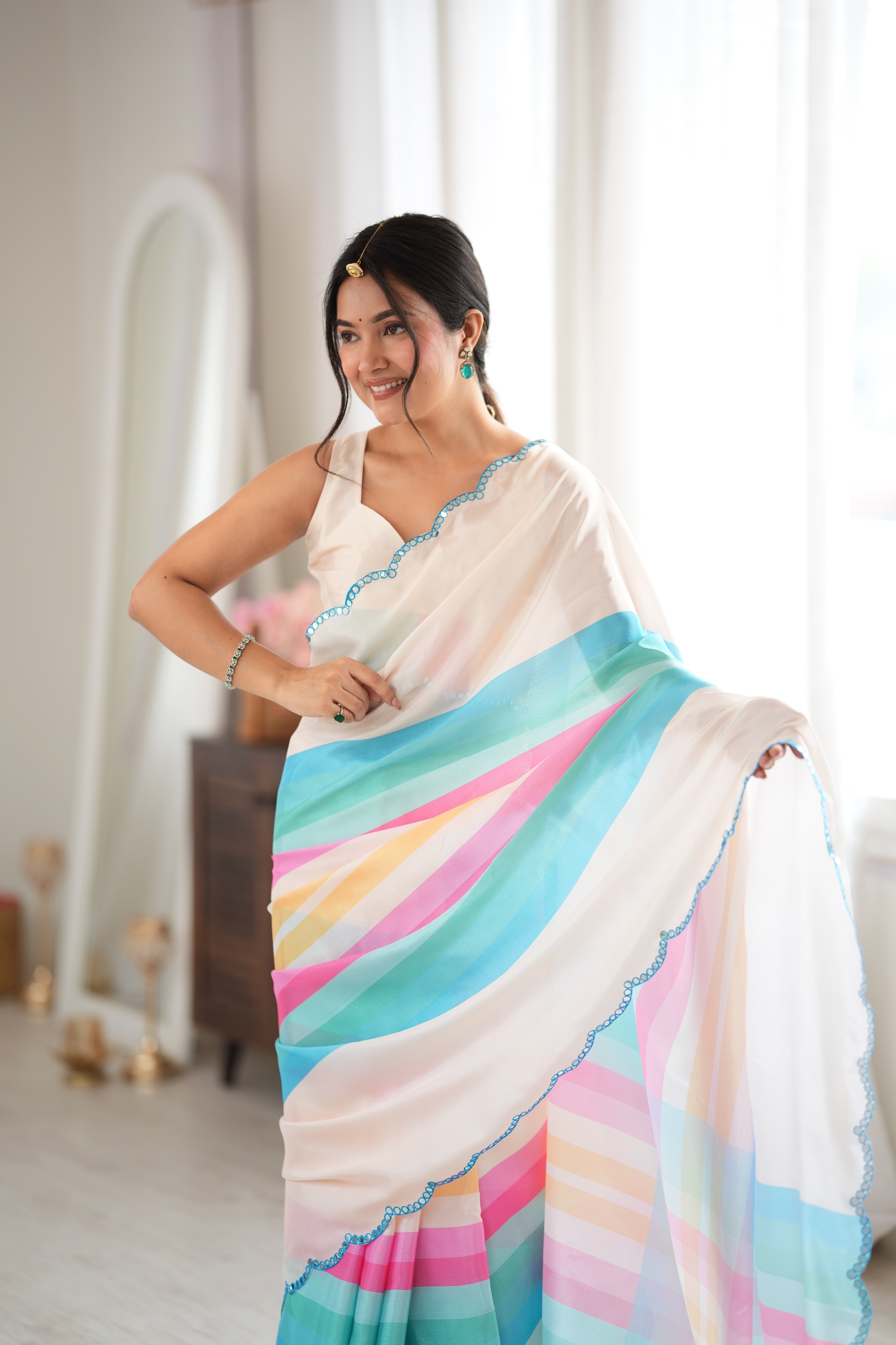 Off White Oversized Check Print Mirror Work Chinon Saree