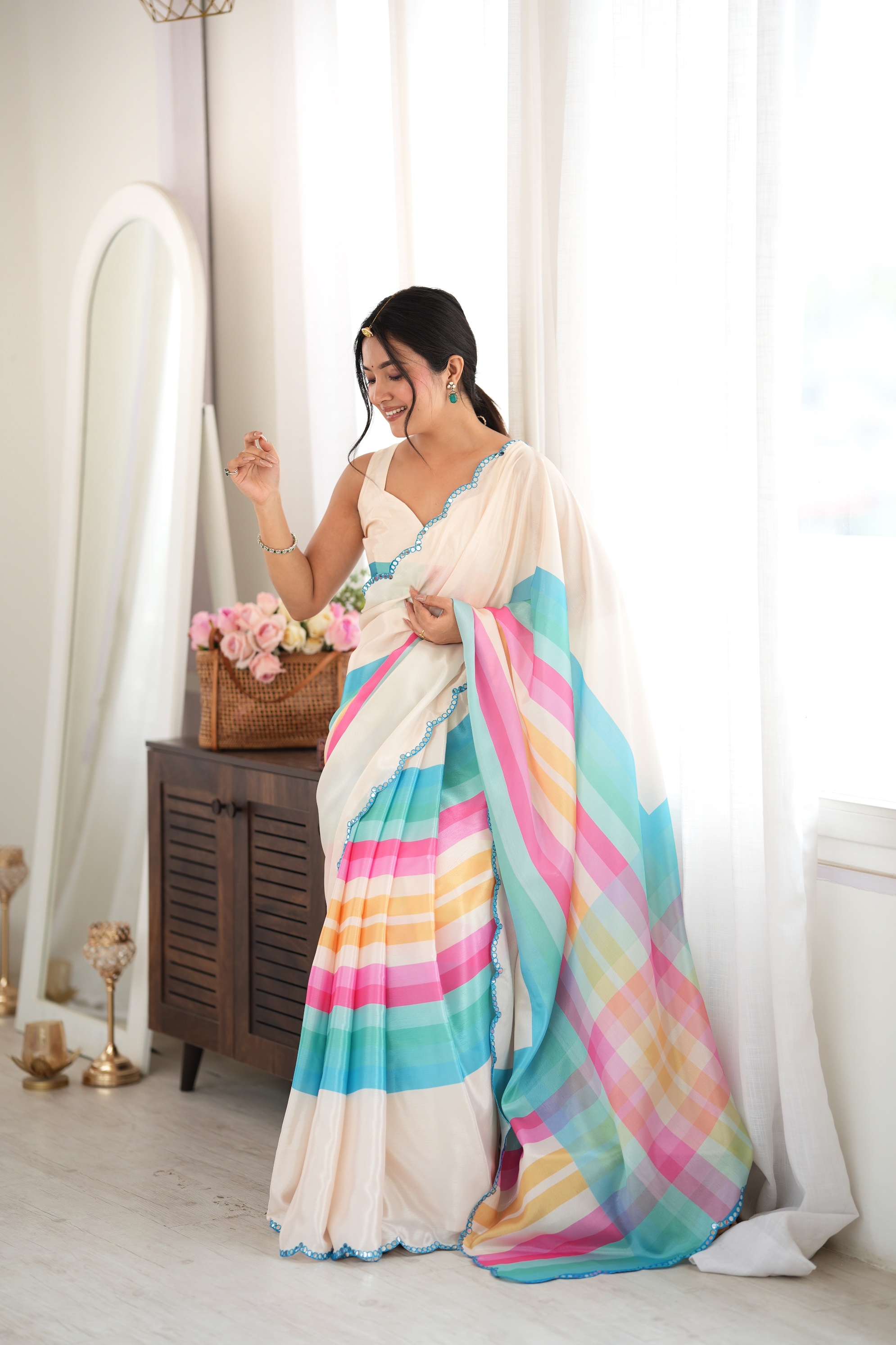 Off White Oversized Check Print Mirror Work Chinon Saree