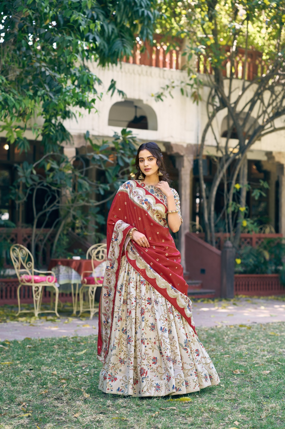 Off White Paisley Buti Foil Tussar Silk Lehenga Choli