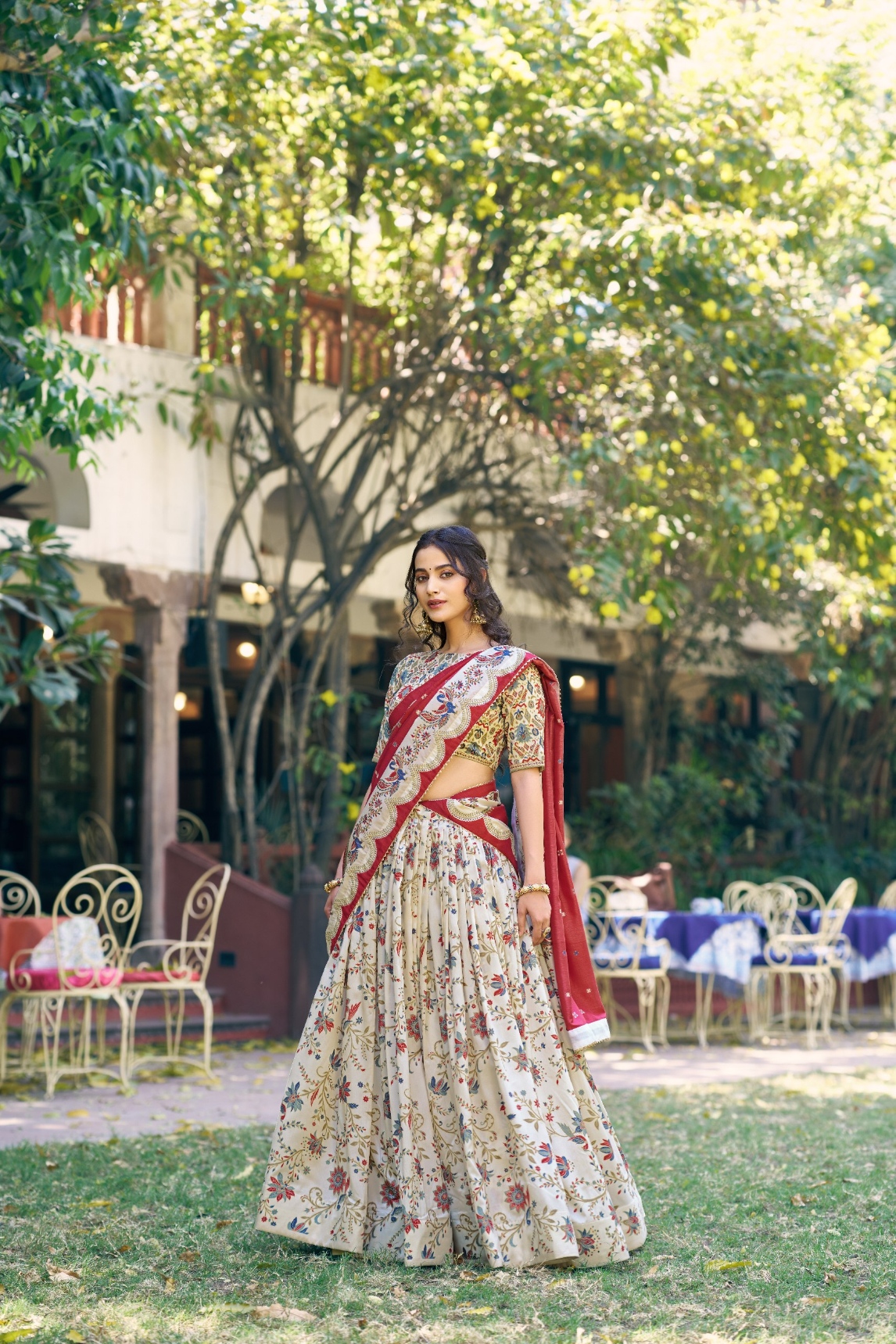 Off White Paisley Buti Foil Tussar Silk Lehenga Choli — alternate view