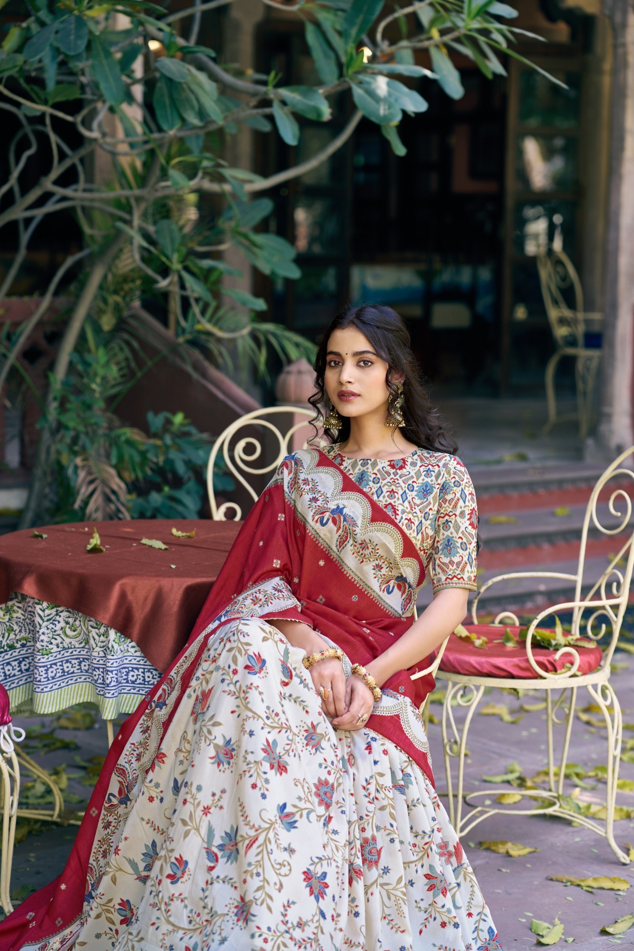 Off White Paisley Buti Foil Tussar Silk Lehenga Choli