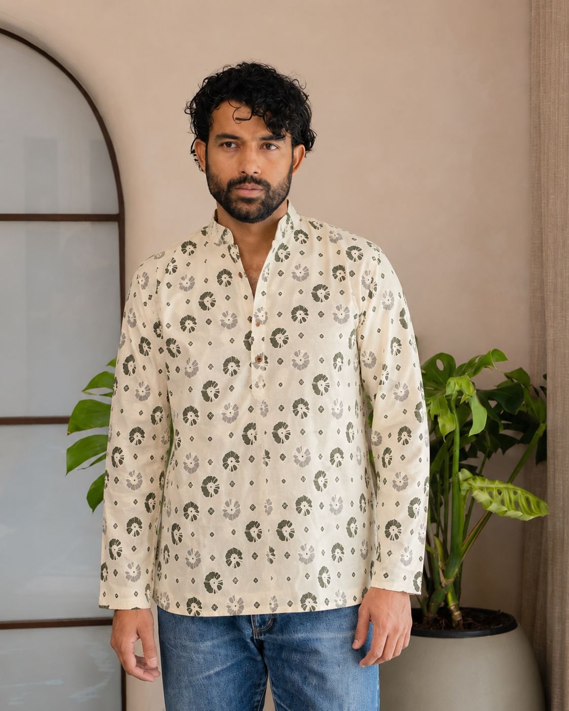 Off White Paisley Printed Swiss Linen Short Kurta