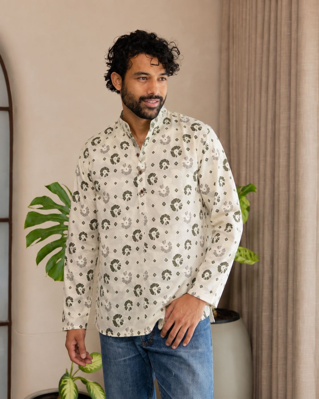 Off White Paisley Printed Swiss Linen Short Kurta